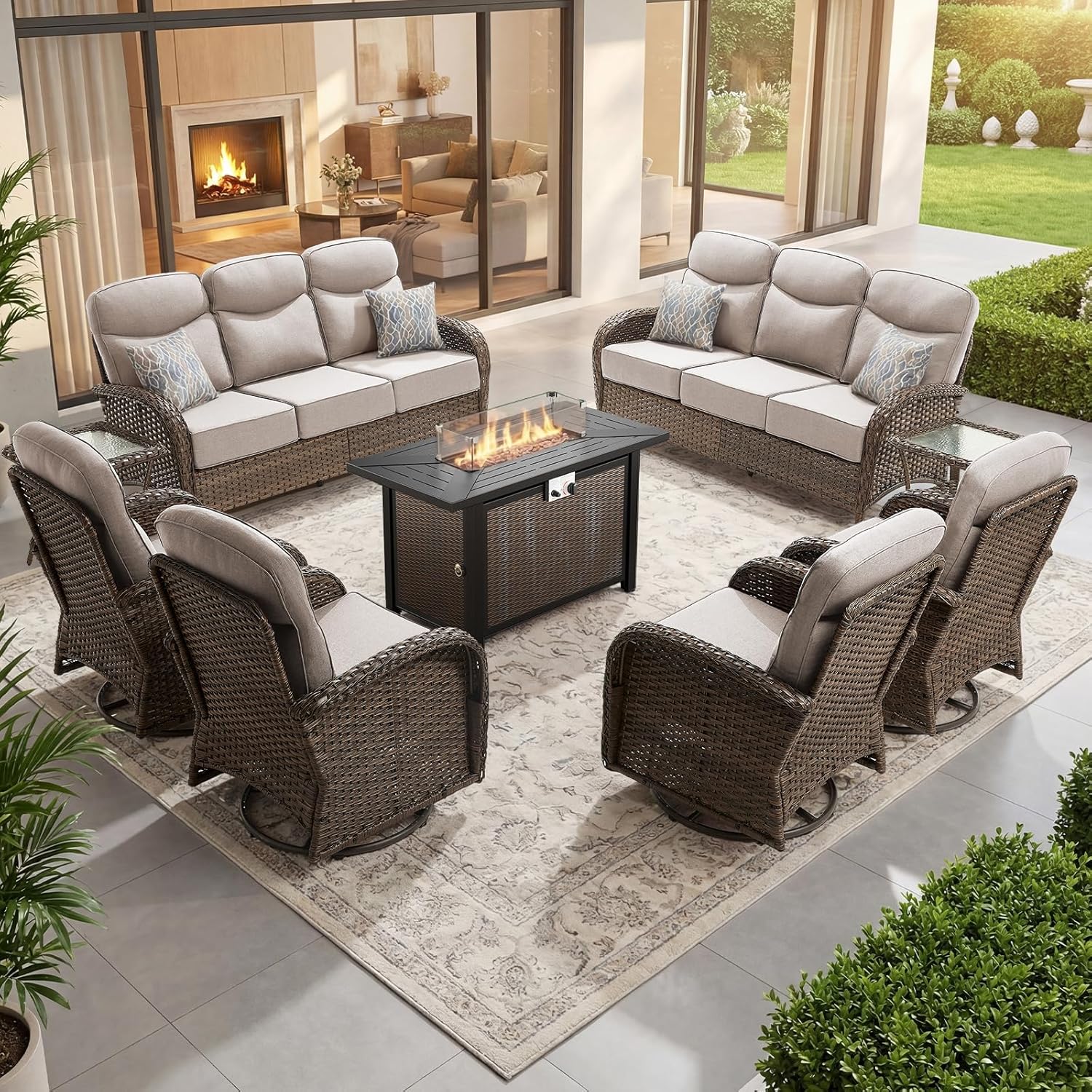 Artfurniz 9-Piece Outdoor Swivel Rocking Chair Patio Set with Fire Table, 6in Thick Cushions, All-Weather Wicker Brown/Beige