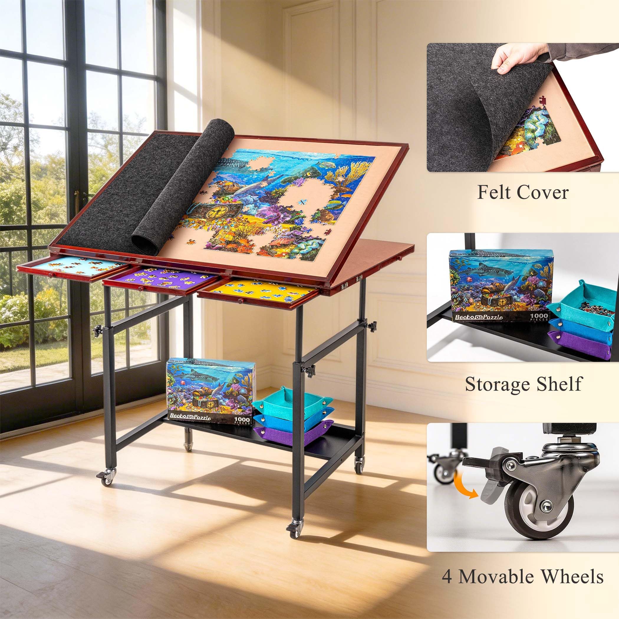 1500-teiliger Puzzletisch mit 5 Schubladen und Abdeckung, kippbare Puzzleplatte auf Rollen, 3 Neigungswinkel und Höhenverstellung, Getränkehalter und Halterung für Puzzlebox (schwarz)