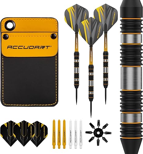 Accudart Juego de dardos de punta de acero 4.0 - Barril Tungsteel - Ranuras redondas para un agarre consistente - Ejes de policarbonato - Billetera