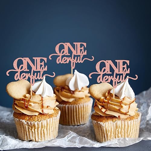 Miniatura 6 de Ercadio Onederful - Paquete de 24 adornos para cupcakes con purpurina de oro rosa Onederful para cupcakes para baby shower, niños, primer