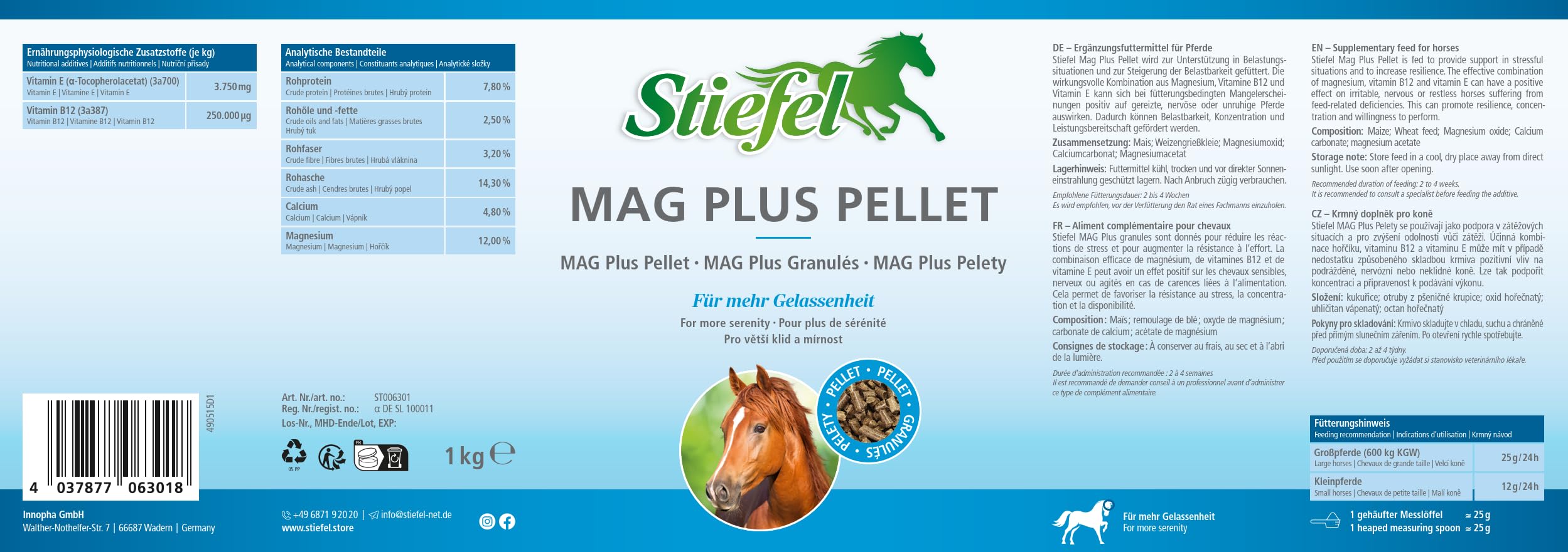 Stiefel MAG Plus für Pferde, hochdosiertes Magnesium, kann Sich positiv auf unruhige Pferde auswirken & in Belastungssituationen unterstützen, mit Vitamin B12 & Vitamin E, Pellets, 1kg