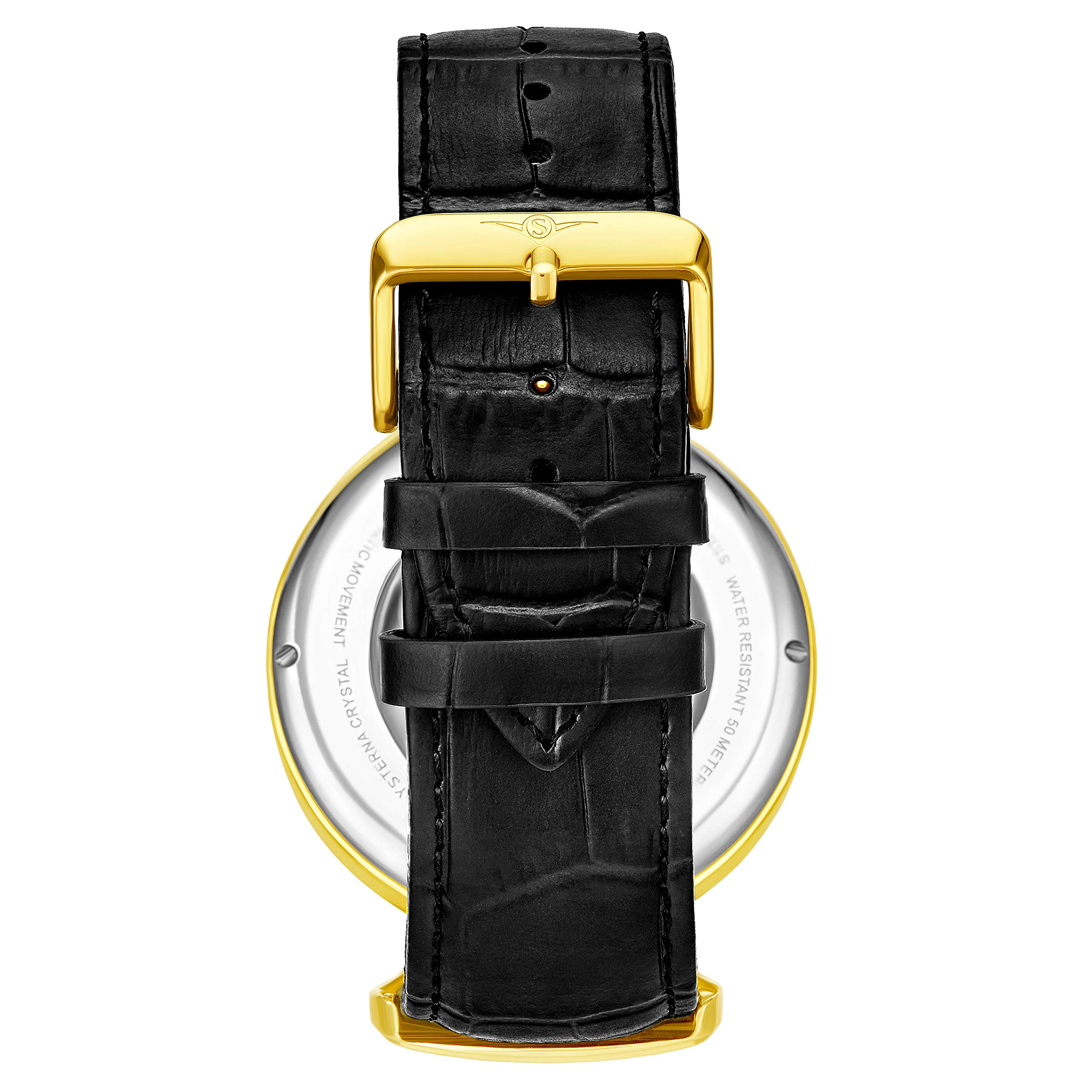 Stührling Original Mens Skeleton Watch Dial Automatic Watch with Calfskin Leather Band and - Dual Time AMPM Sun Moon Gold product thumbnail 3