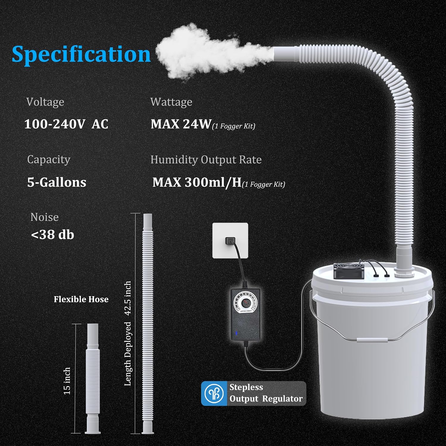19L Large Capacity DIY Humidifier Kit - for Plants, Mushrooms, Grow Tents, Terrarium | Turns a 5 Gallon Bucket into Cool Mist Humidifier, Extendable Hose, High Output, Long Runtime (1 Fogger Kit)