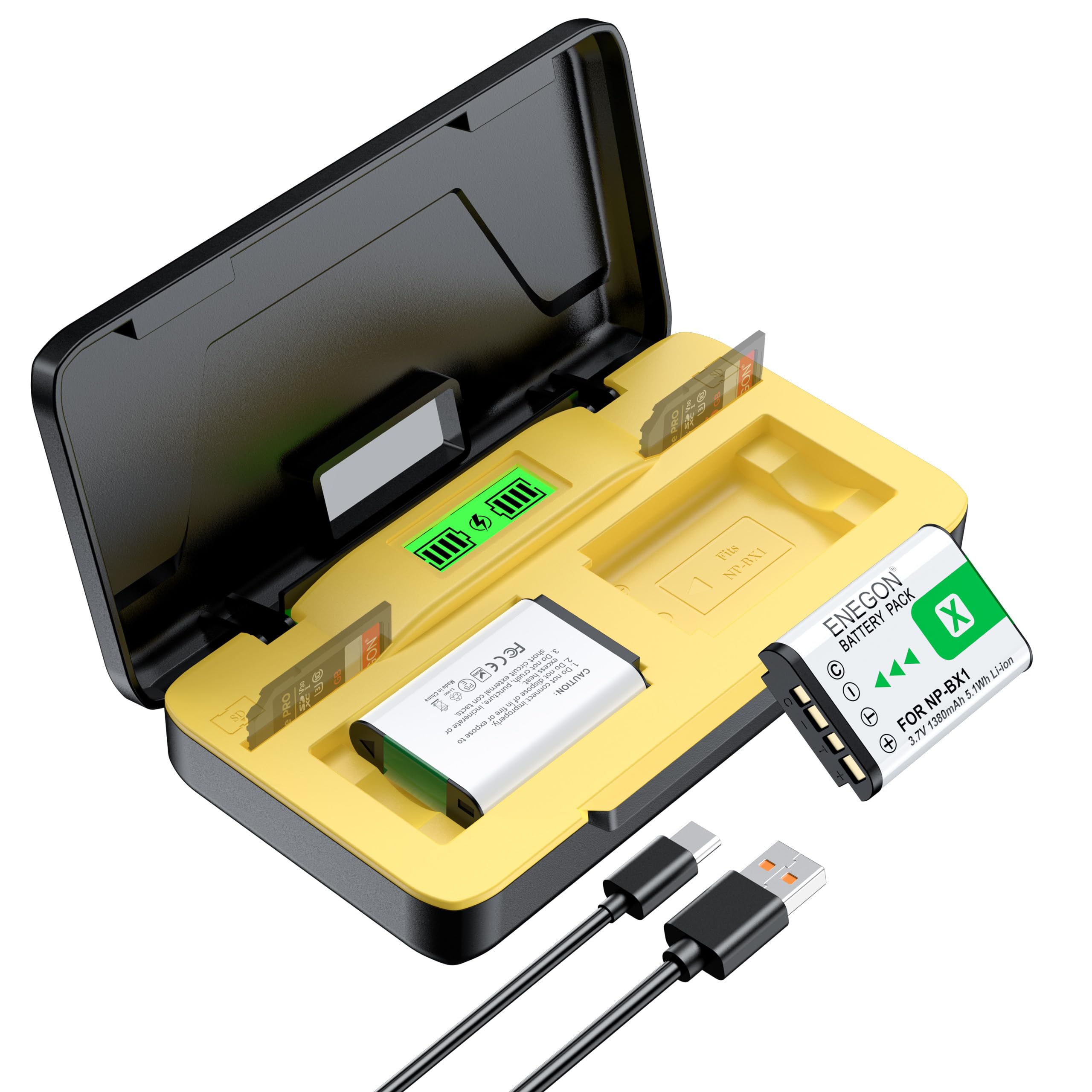 ENEGON NP-BX1 Batterie (2 X 1380mAh) + Chargeur LCD avec Stockage (SD) pour Sony NP-BX1 et ZV-1/ZV-1 II, DSC-RX100, DSC-RX100 VII/VI/V/IV/III/II/VA (M7-M2), HDR-CX405, FDR-X3000, HX300