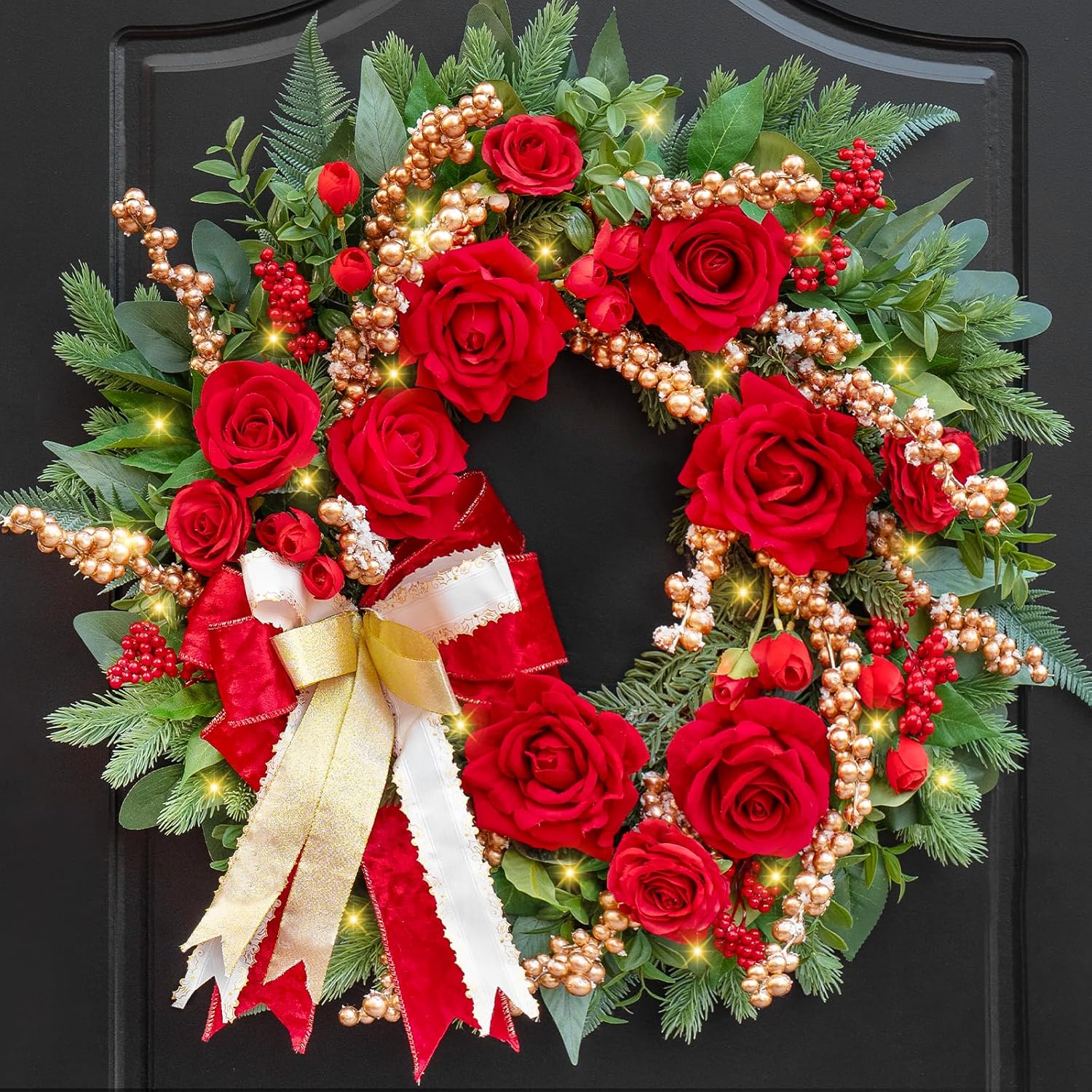 Pre-lit Christmas Wreaths for Front Door 24 Inch- Outdoor Xmas Wreath with Lights, Lighted Valentine's Day Wreath with Red Roses,Golden Ball Ornament and Red Bow for Holiday Door Decorations