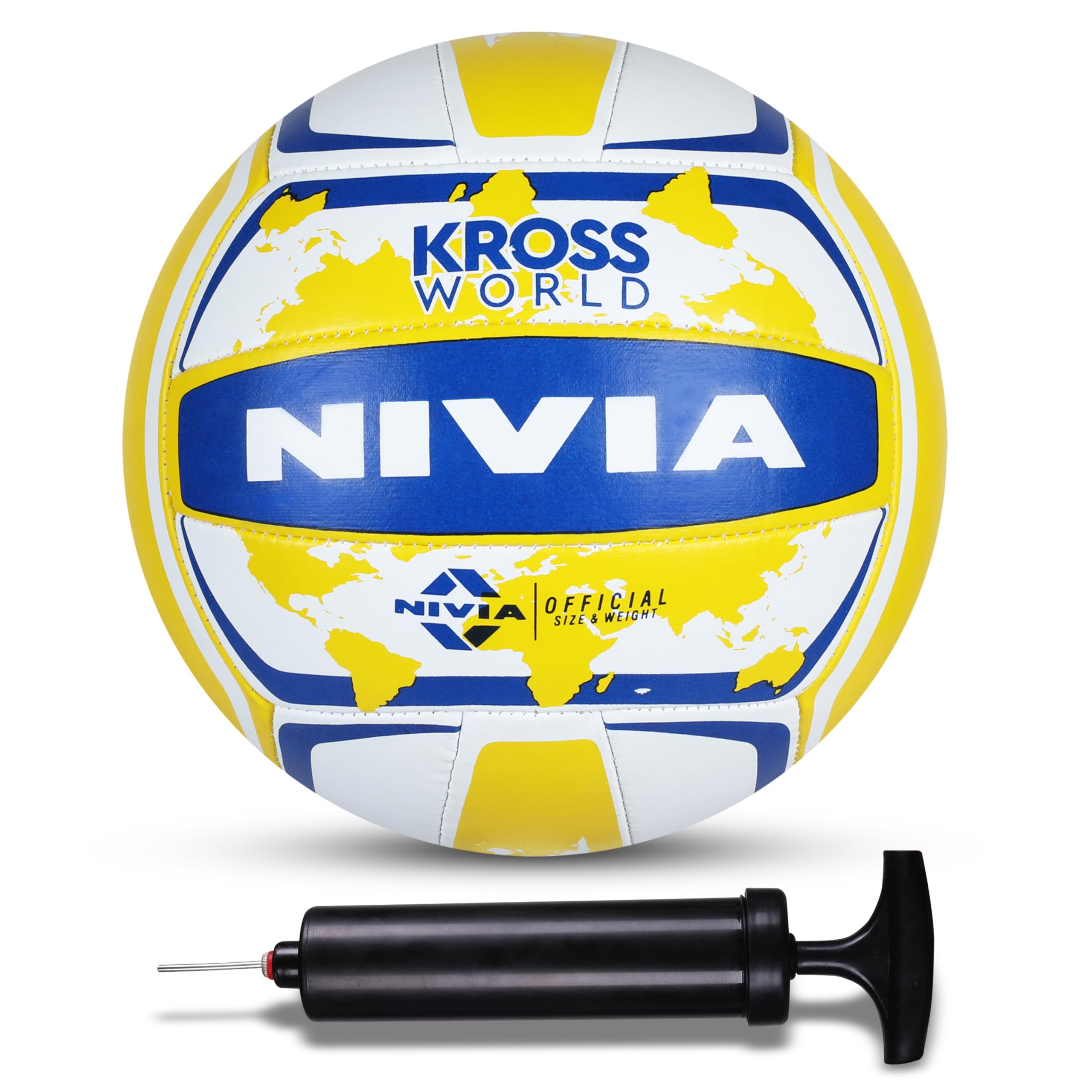 Nivia Kross World Volleyball with Ball Pump 6" Combo, Training Ball, 18 Panels, Rubber Machine Stitched with Smooth Surface Matt, Latex Bladder (Size - 4, Yellow/Blue)-picture-13