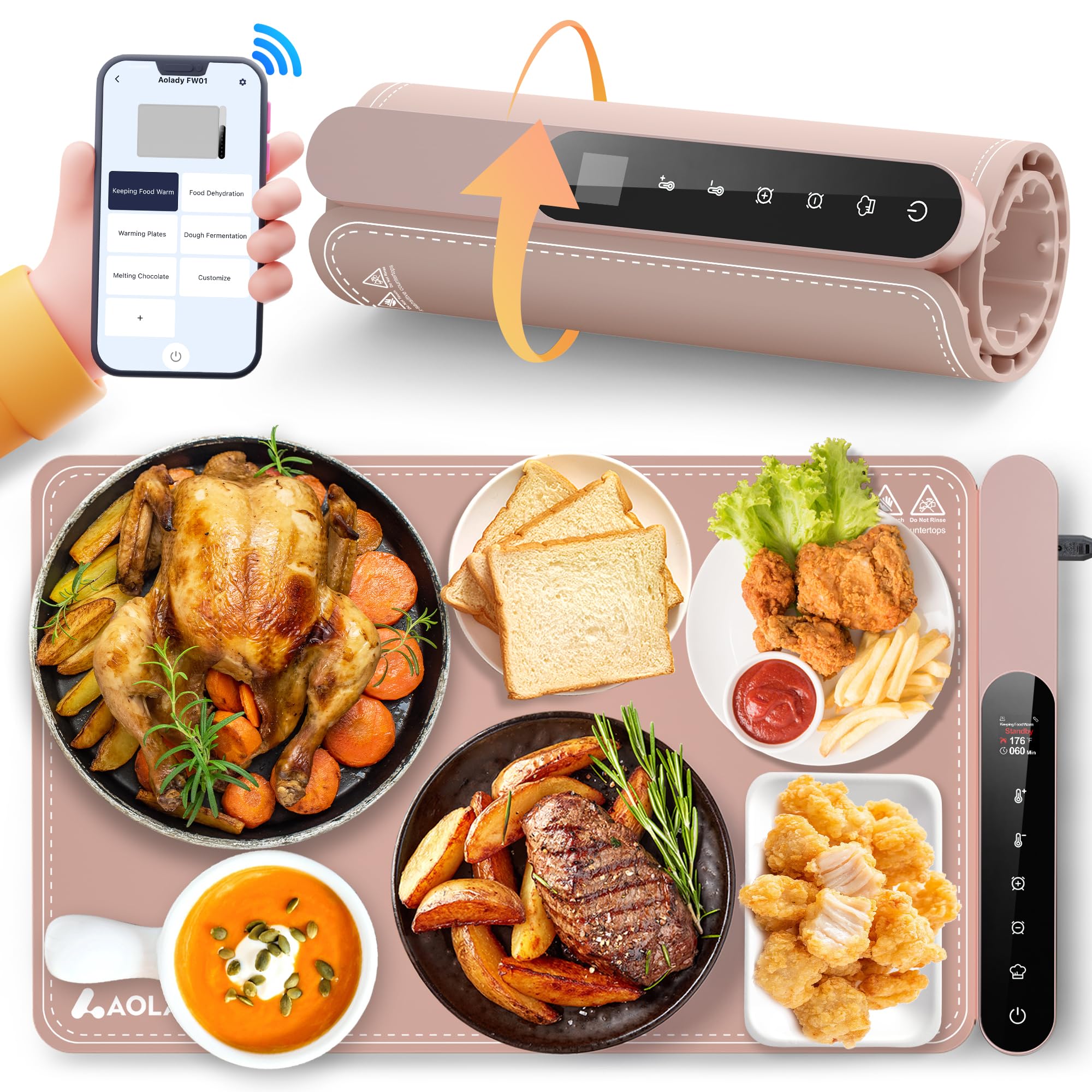 Warming Mat for Food with APP Controllers, Ideal House Warming Gifts New Home, 15"x23.6" Versatile Food Warmer for Parties Buffet and Daily Use, Multiple Temperature and Timer Levels, Pink