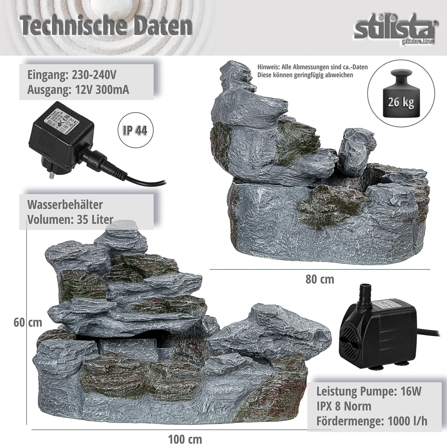 STILISTA Gartenbrunnen Olymp in Steinoptik XXL 100 x 80 x 60 cm inkl. Pumpe und LED-Beleuchtung