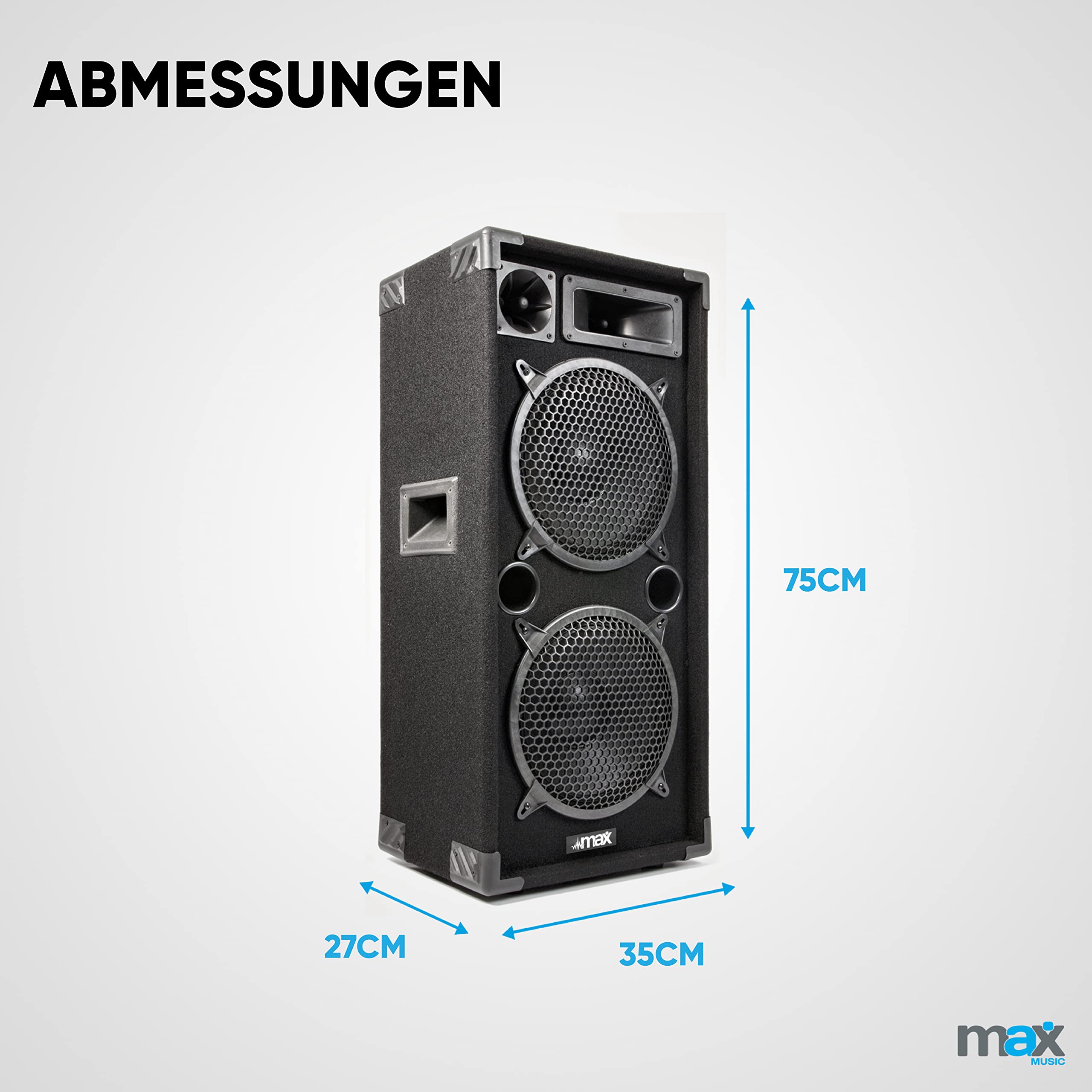 MAX MAX210 PA Lautsprecher passiv, Partylautsprecher Set, 2000 Watt Partyboxen - Griffe, 2 x 10 Zoll Doppel-Tieftöner, DJ Party Lautsprecher, Lautsprecherbox, Schwarz