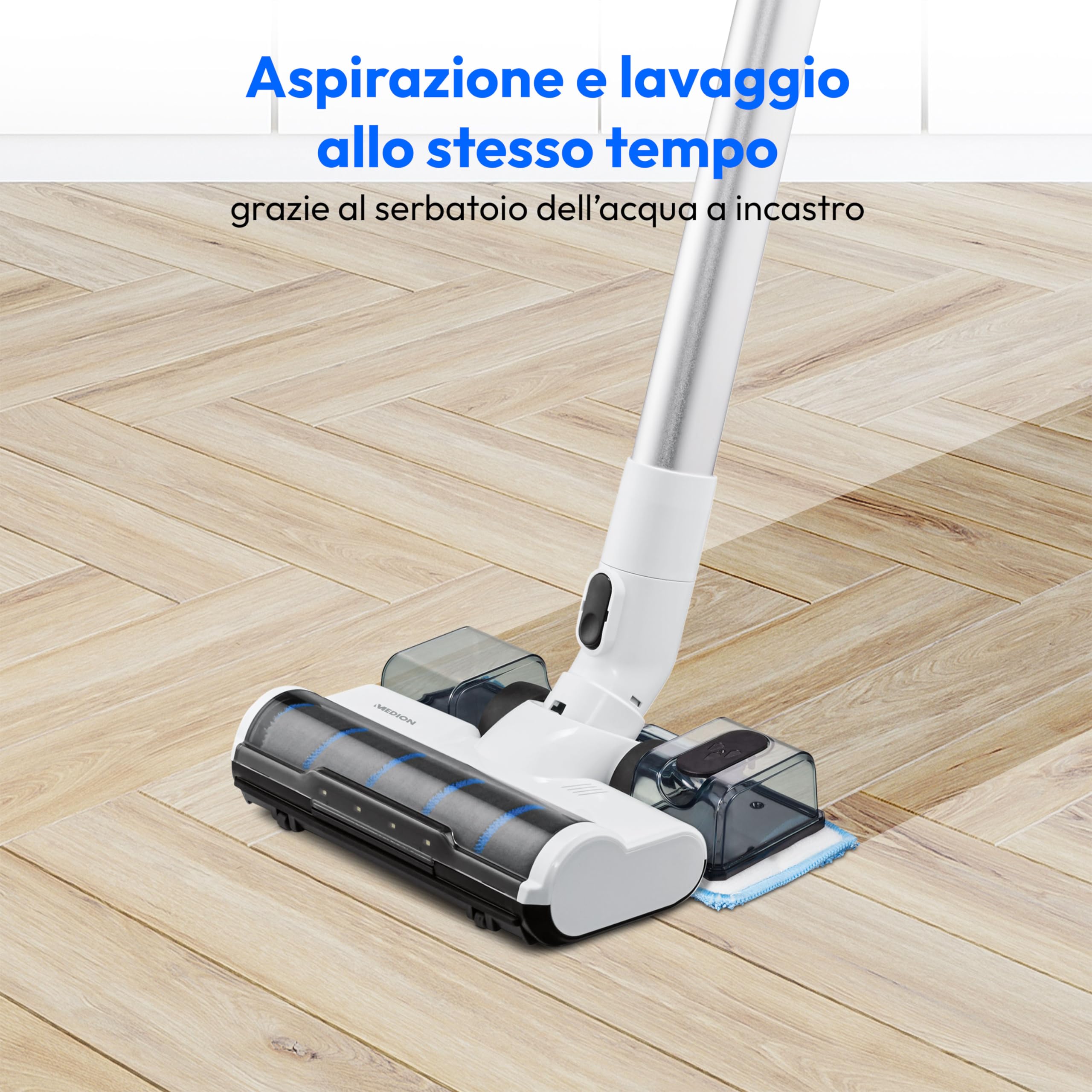 MEDION Aspirapolvere senza fili P350 W, Scopa elettrica senza fili e sacchetto con base di ricarica e potenza massima di 24 kPa e 350 Watt, Aspirapolvere e lavapavimenti 2 in 1