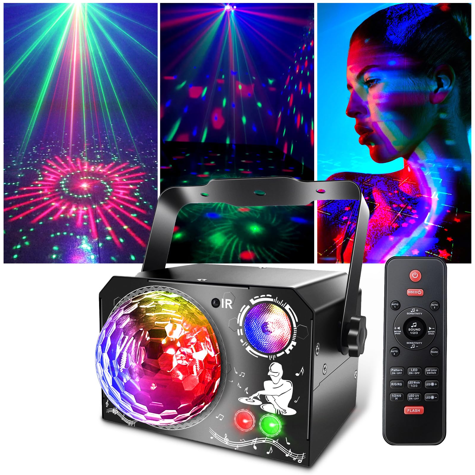 Lampe de Scène 4 en 1, Fwiull Lumière Disco avec Télécommande et Stroboscope, 65 Effets Lumineux RGB UV, USB Lumineux Boule Disco Musique Commande Vocale, Idéal Lumiere pour Soirée, Fête, Karaoké,Noël