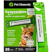 Cat Probiotic Lickable Treats for Digestive Health - Squeezable Puree Pouches for Cats - Feline Constipation + Promotes Stool Regularity, Prebiotics Fiber Gut Flora Sensitive Stomach Salmon, 20 Ct