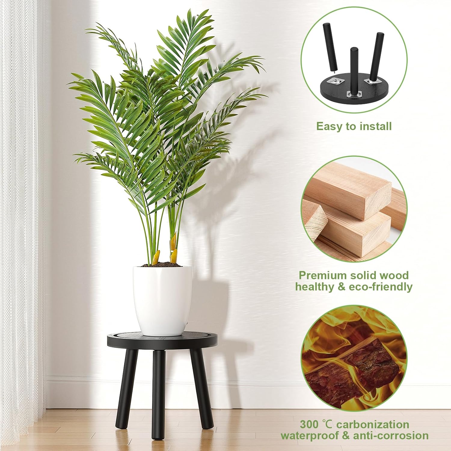 3-Pack Wood Plant Stands Indoor, Single Plant Stand for 6-12 Inch Pots, Mid-Century Modern Plant Stool, Tall Plant Stand for Large Plants for Living Room, Balcony, Office (Black)