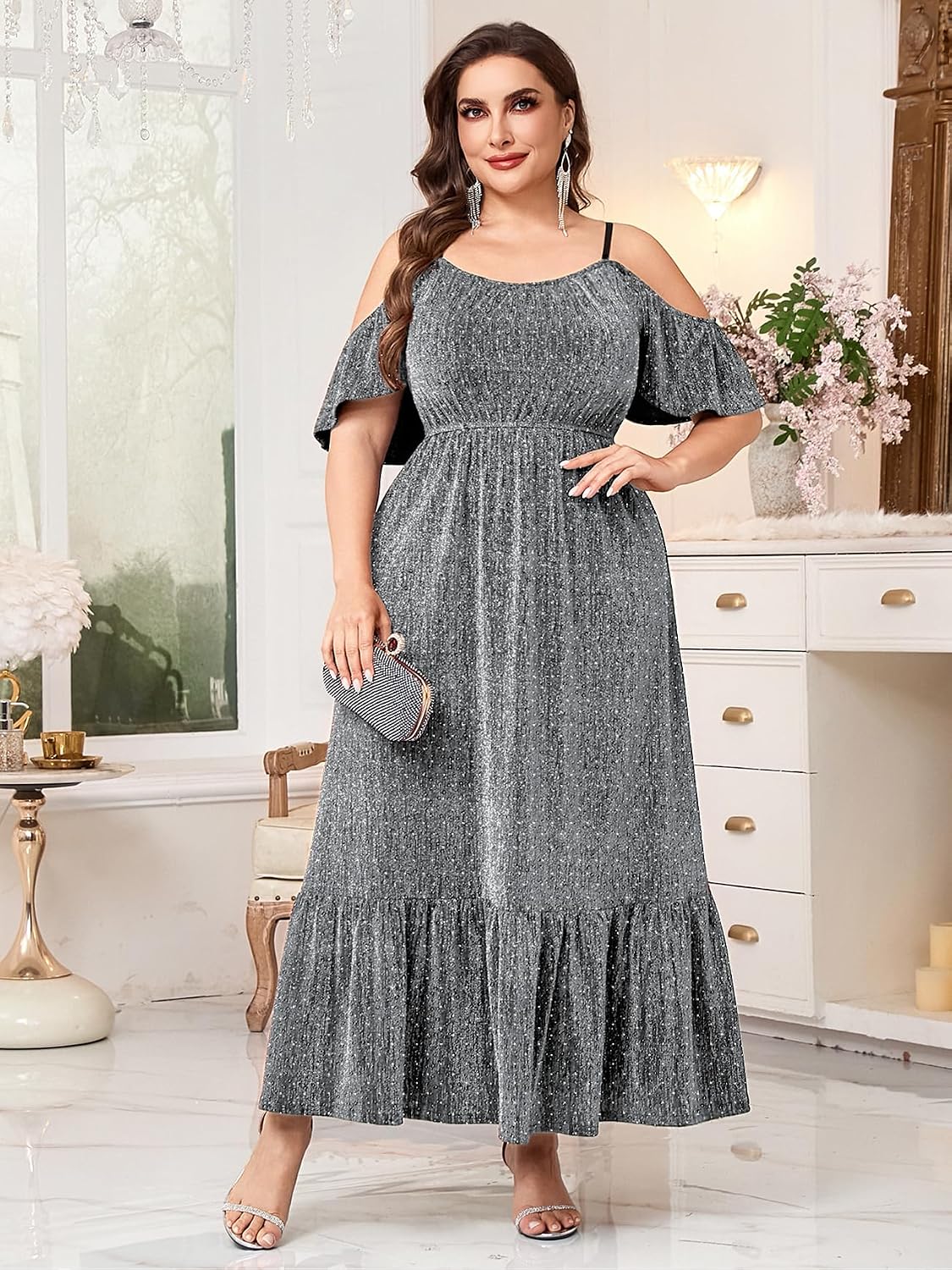 Plus Size Formal Cold Shoulder Dress Sparkly A Line Maxi Evening Gown Cocktail Prom Wedding Guest Dresses
