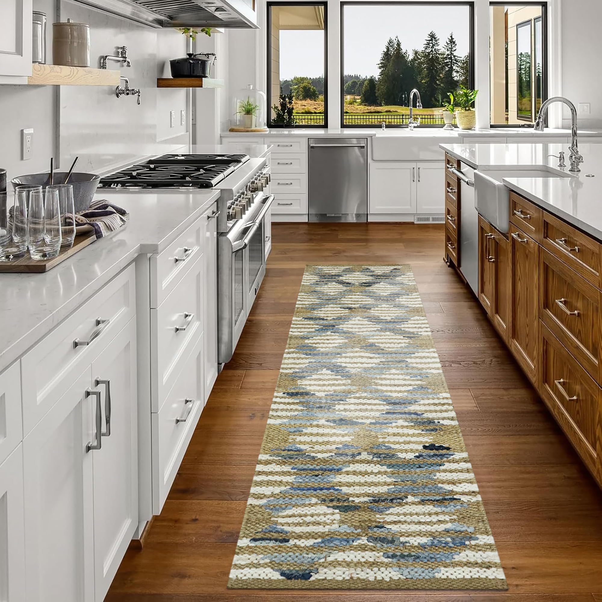 Tappeto in iuta intrecciata a mano, pesante, 6,3 x 35,5 cm, motivo geometrico naturale, blu e bianco, resistente, per interni ed esterni, ideale per corridoio, ingresso, scale, corridoio