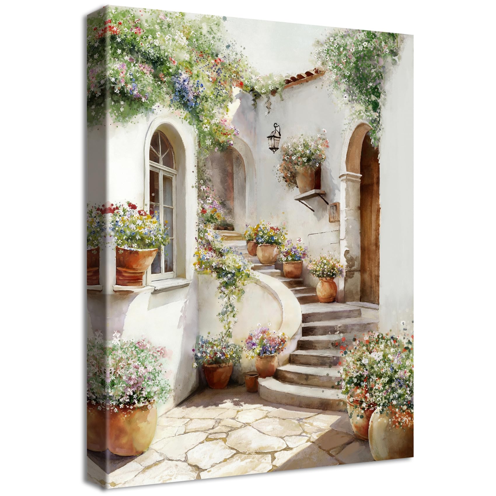 Wooden Framed Canvas Wall Art Vintage Italy Town Painting on Canvas Prints Poster Mediterranean Street Stairs Flowers Pictures for Living Room Bedroom Dinning Room Hallway Wall Decoration 40x60cm