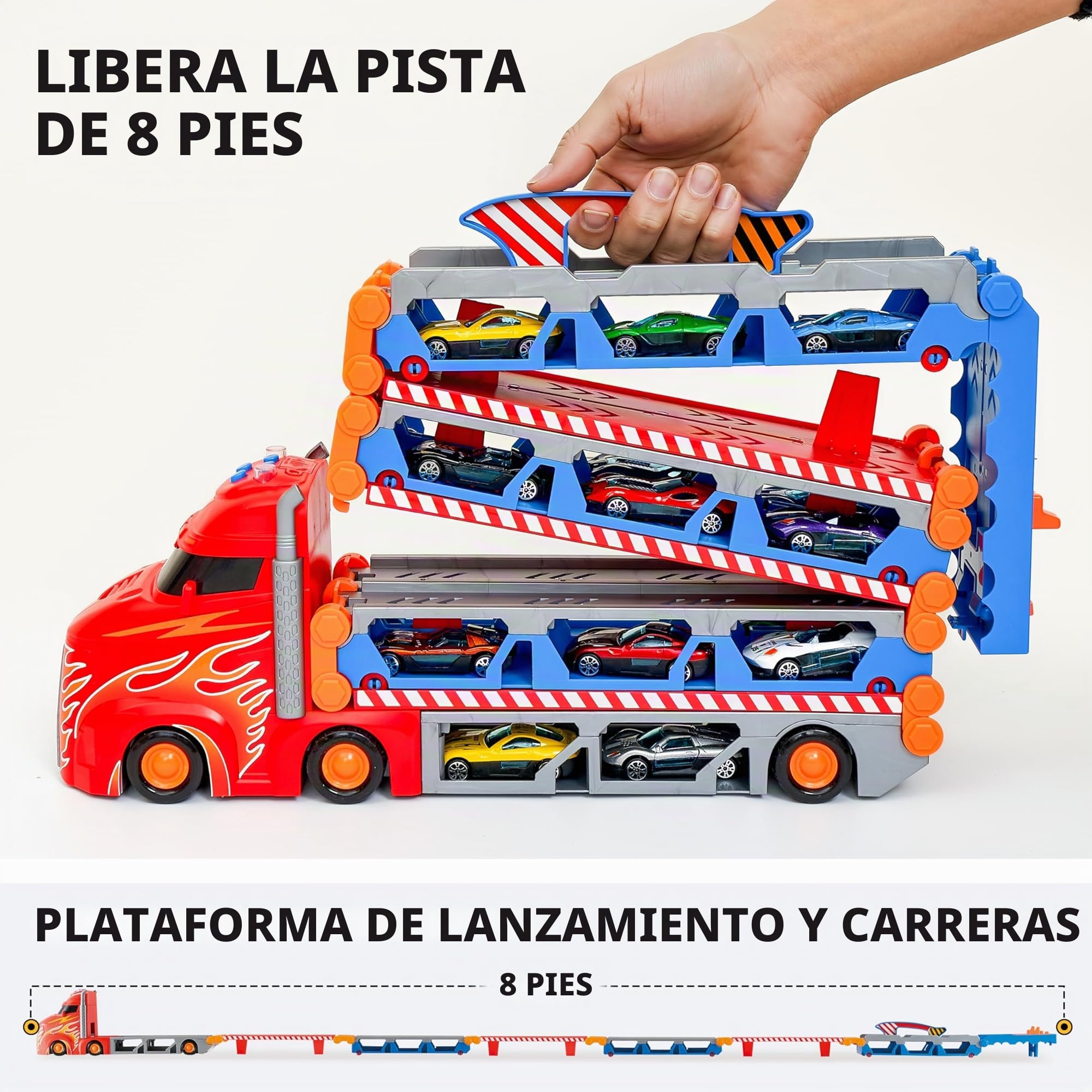 SYNCFUN Transport Race Truck Toy Cars, 2,4 metros gigante pista de carreras portador camión juguete, plegable 3 capas con 12 coches, luces y sonidos, regalo para 3, 4, 5, 6, 7 años, niños