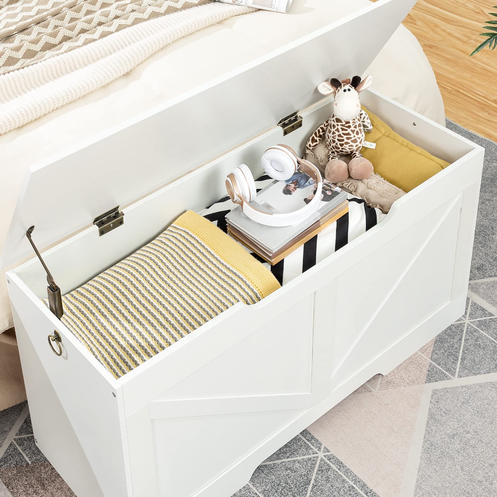 HOOBRO Banc de Rangement, Coffre à Jouets avec Couvercle, Coffre de Rangement, Coffre de Rangement, 2 Anneaux, 100 cm, Robuste, Stable, pour Enfants, Couloir, Salon, Blanc EWT771CW01
