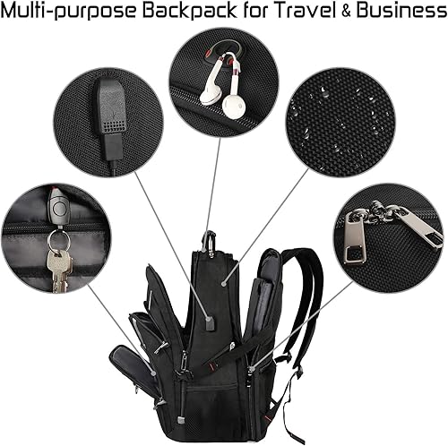 Miniatura 6 de Mochila para laptop de 18.4 pulgadas para hombre, 55L-60L, extra grande, para videojuegos, con puerto de carga USB, bolsillo antirrobo aprobado por