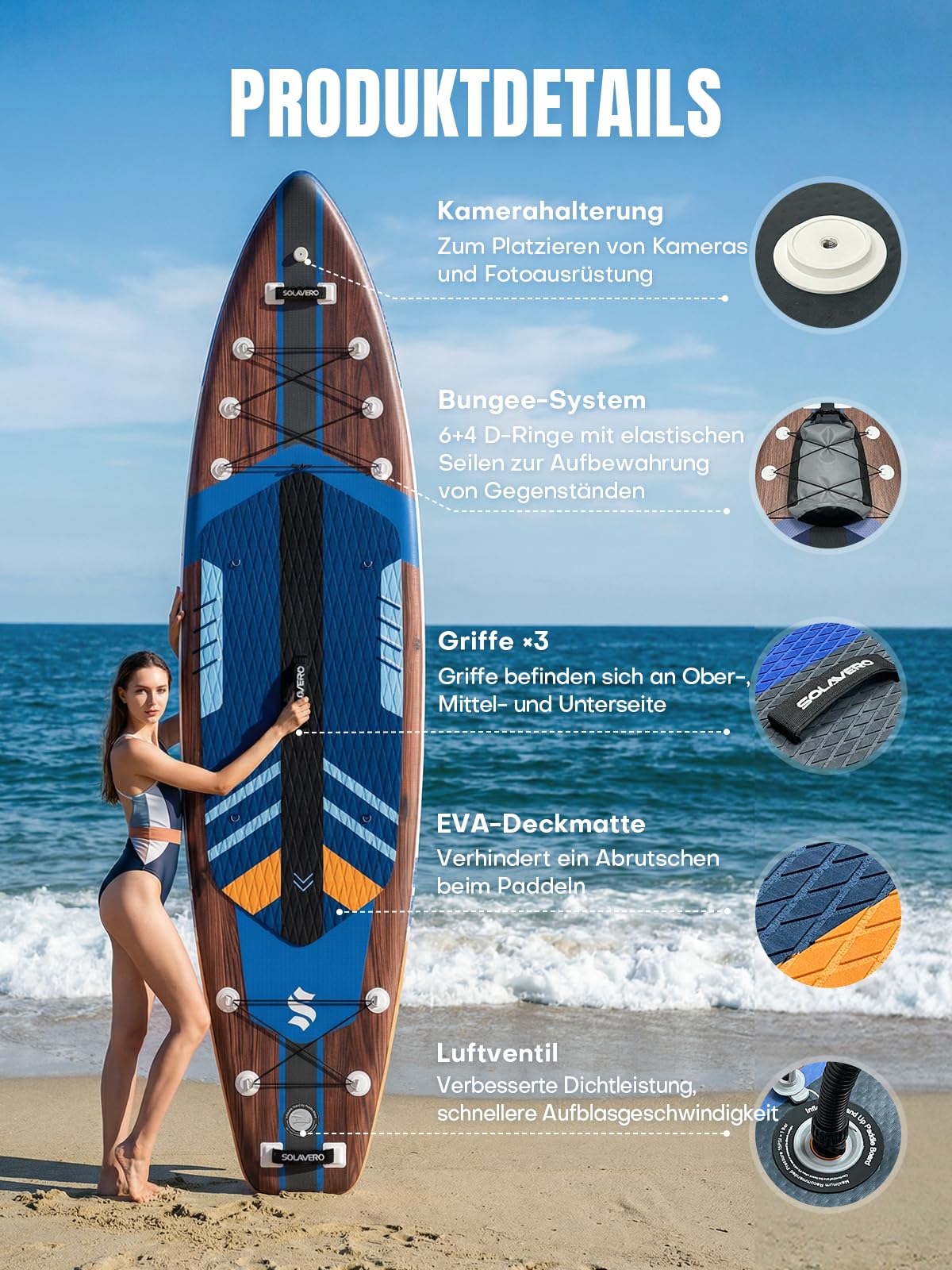 SOLAVERO Stand Up Paddling Board mit Sitz & Allem Zubehör, 350×89×15 cm | Verstellbares Doppelpaddel, Drop-Stitch PVC, Action-Cam-Halterung, für Anfänger, Familien & Touren, Extra Groß, bis 210kg