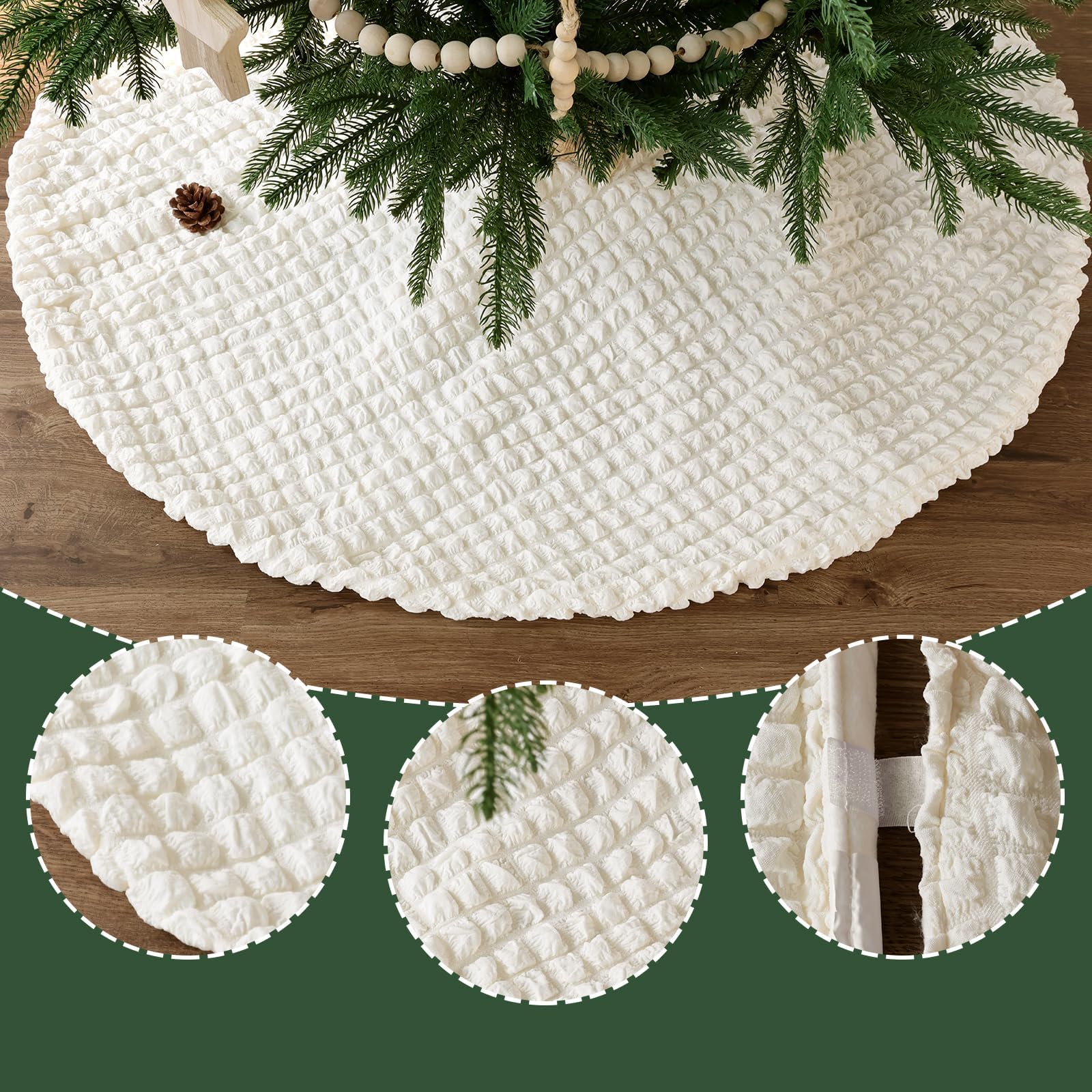 Bunny Chorus Christmas Tree Skirt: 48 inches Soft Creamy-White Tree Skirt with Diamond Patterns, Large Waffle Plaid Xmas Tree Collar, Cute Puff Cloud Bubble Tree Skirts for Home Office Decor Indoor