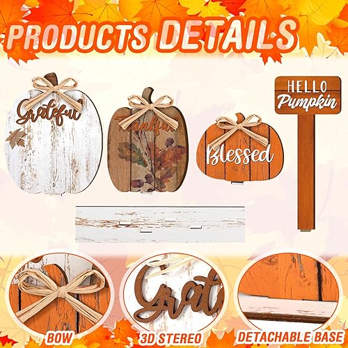 Miniatura 3 de Leinuosen Decoración de otoño con texto en inglés Blessed Grateful Thankful, decoración de Acción de Gracias, centros de mesa de calabaza de granja
