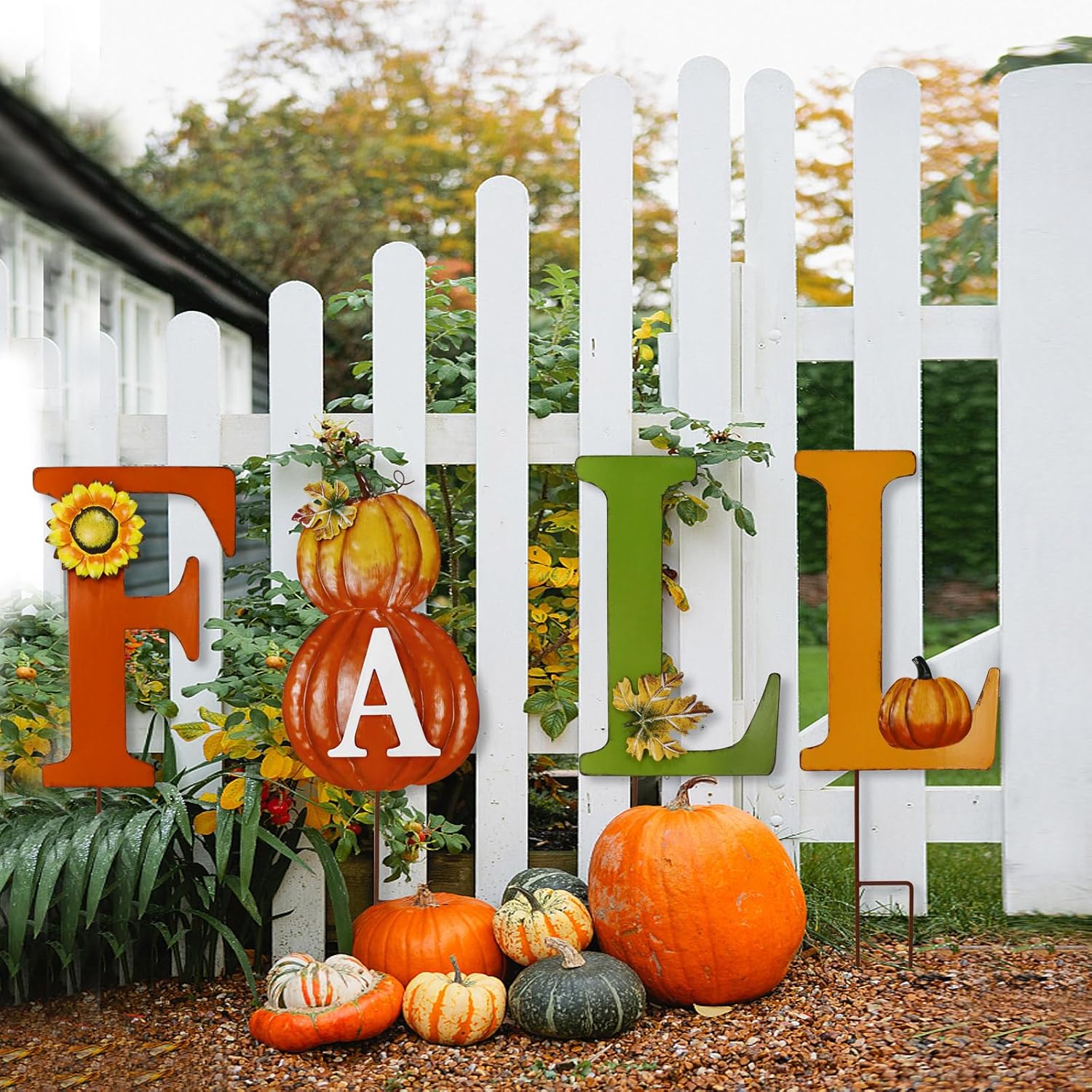 20.75-Inch Fall Garden Stake Metal Fall Letter Yard Art Sign Wall Hanging Decor Indoor Outdoor for Home Patio Lawn Autumn Harvest Thanksgiving Decoration