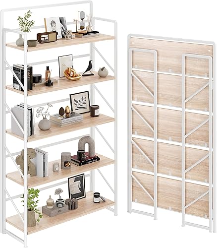 Miniatura 12 de JSB Estantería Plegable Sin Montaje, Estante de Libros de Metal Industrial de 5 Niveles para Almacenamiento, Librero Plegable de Madera Vintage para