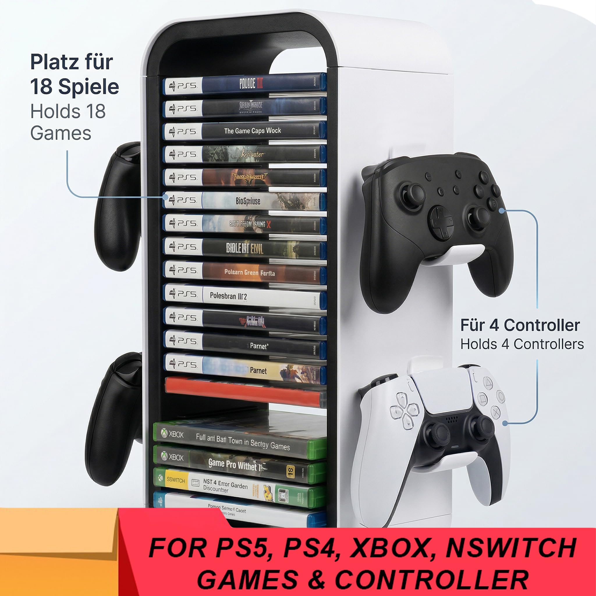 MatoSan Disc Tower per PS5 PS4 Switch – Porta 18 Giochi – Supporto Controller Incluso – Organizer Console Gaming Salvaspazio