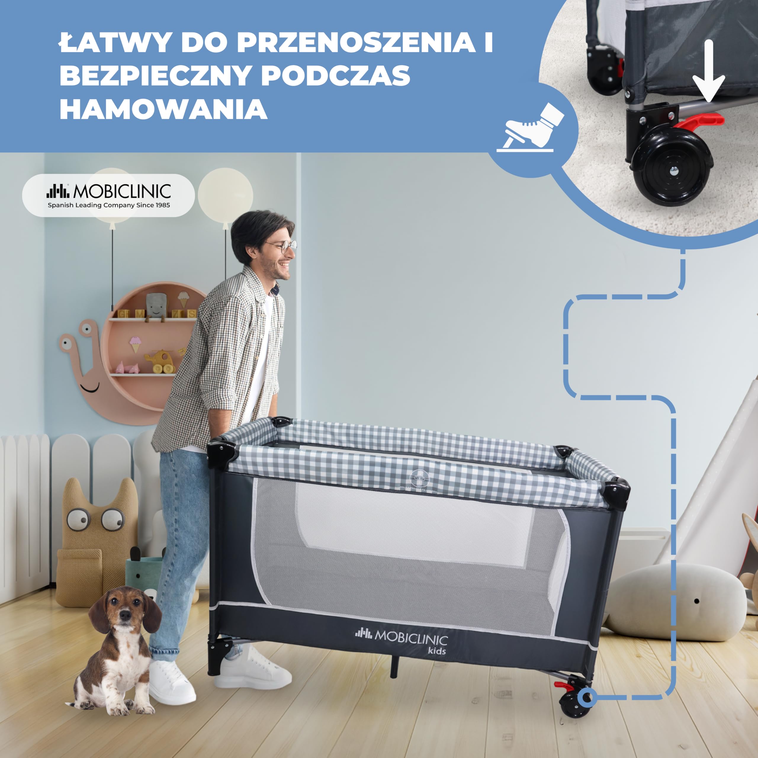 Mobiclinic®, Łóżeczko dziecięce 3 w 1, Kojec, Z przewijakiem, Od 0 miesięcy do 15 kg, Bocznym wyjściem, Kółkami hamulcem, Torbą przechowywania, Składane, Caelum, Oddychająca tkanina