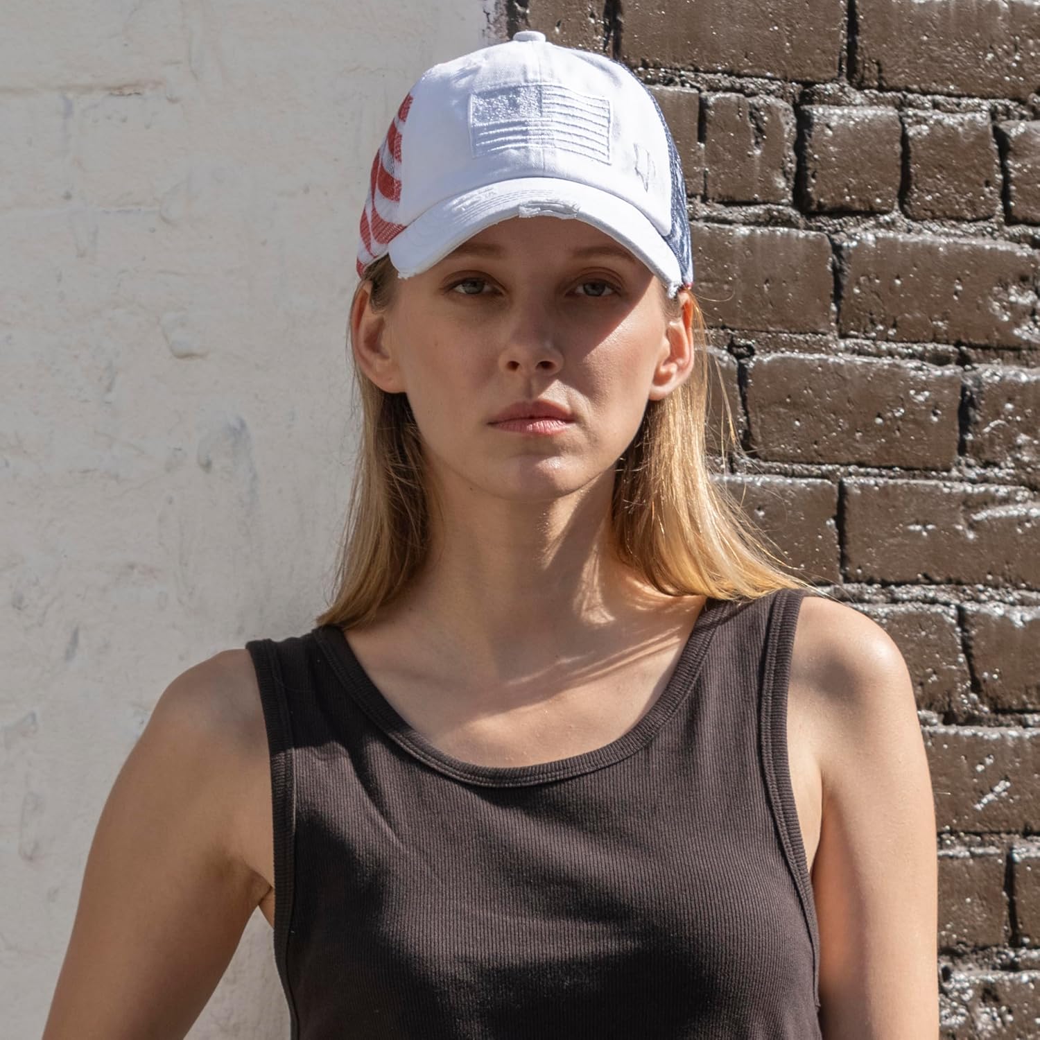 C.C Women's Criss-Cross Ponytail Baseball Cap – Embroidered Cotton Front, American Flag Mesh Back, Adjustable Velcro