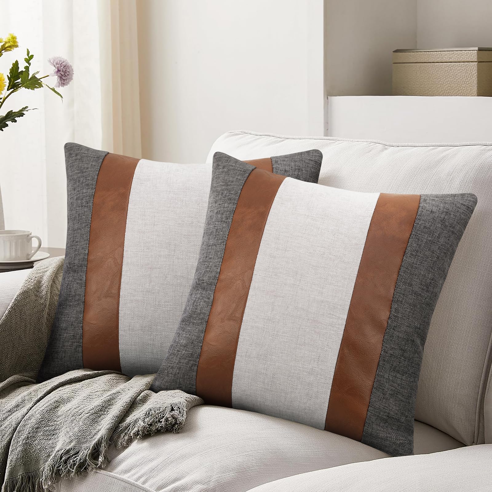 Merrycolor Faux Leather and Linen Throw Pillow Covers 18x18 Inch Patchwork Modern Farmhouse Pillow Covers Gray and Brown Accent Pillows Decorative Pillows for Couch Sofa Bed, Set of 2