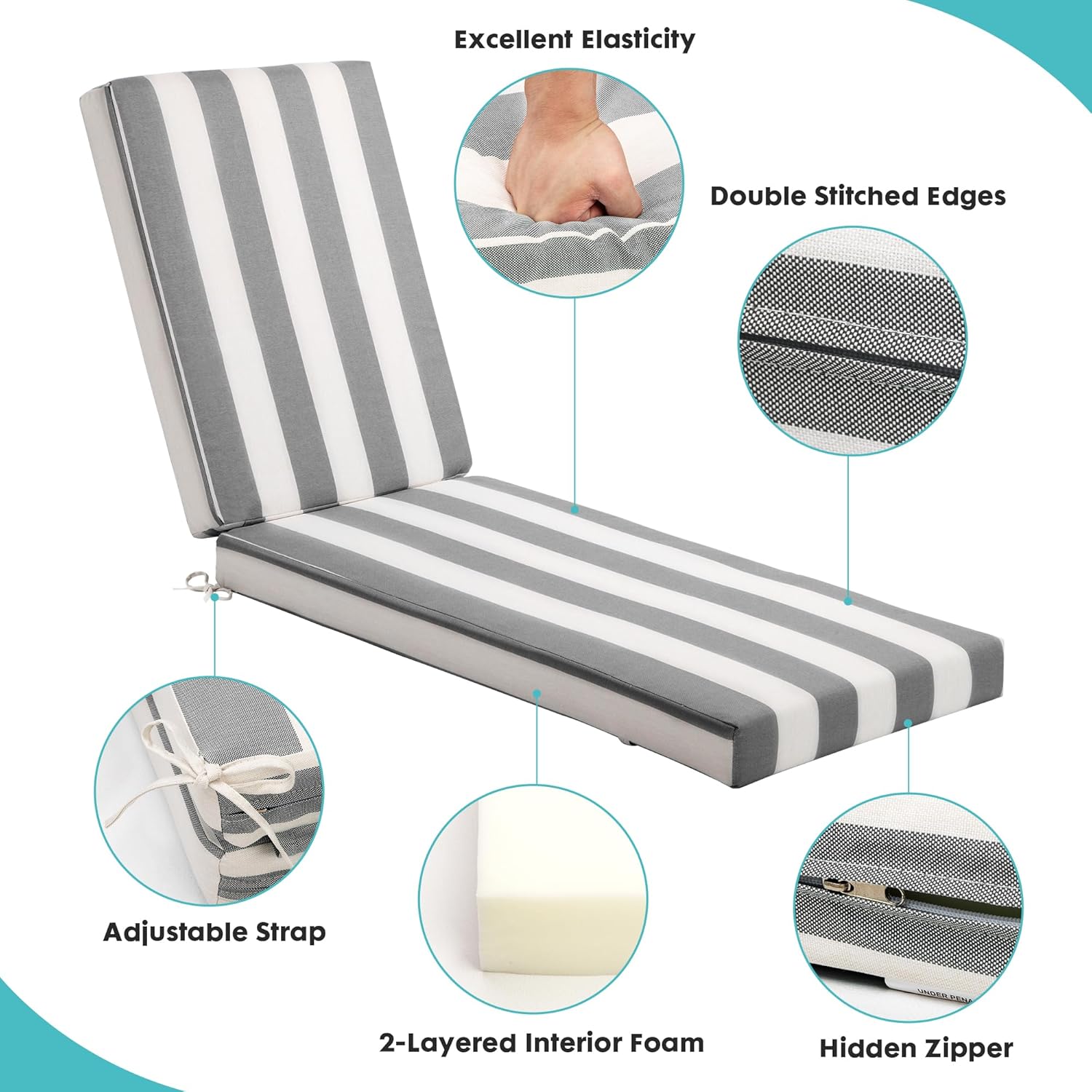 HERMOCE Chaise Lounge Cushions Outdoor Set of 2 with Waterproof and Washable Cover, Patio Outdoor Lounge Chair Cushions, Memory Foam and Memory Foam Fade Resistant Black and White，80" x26" x4"