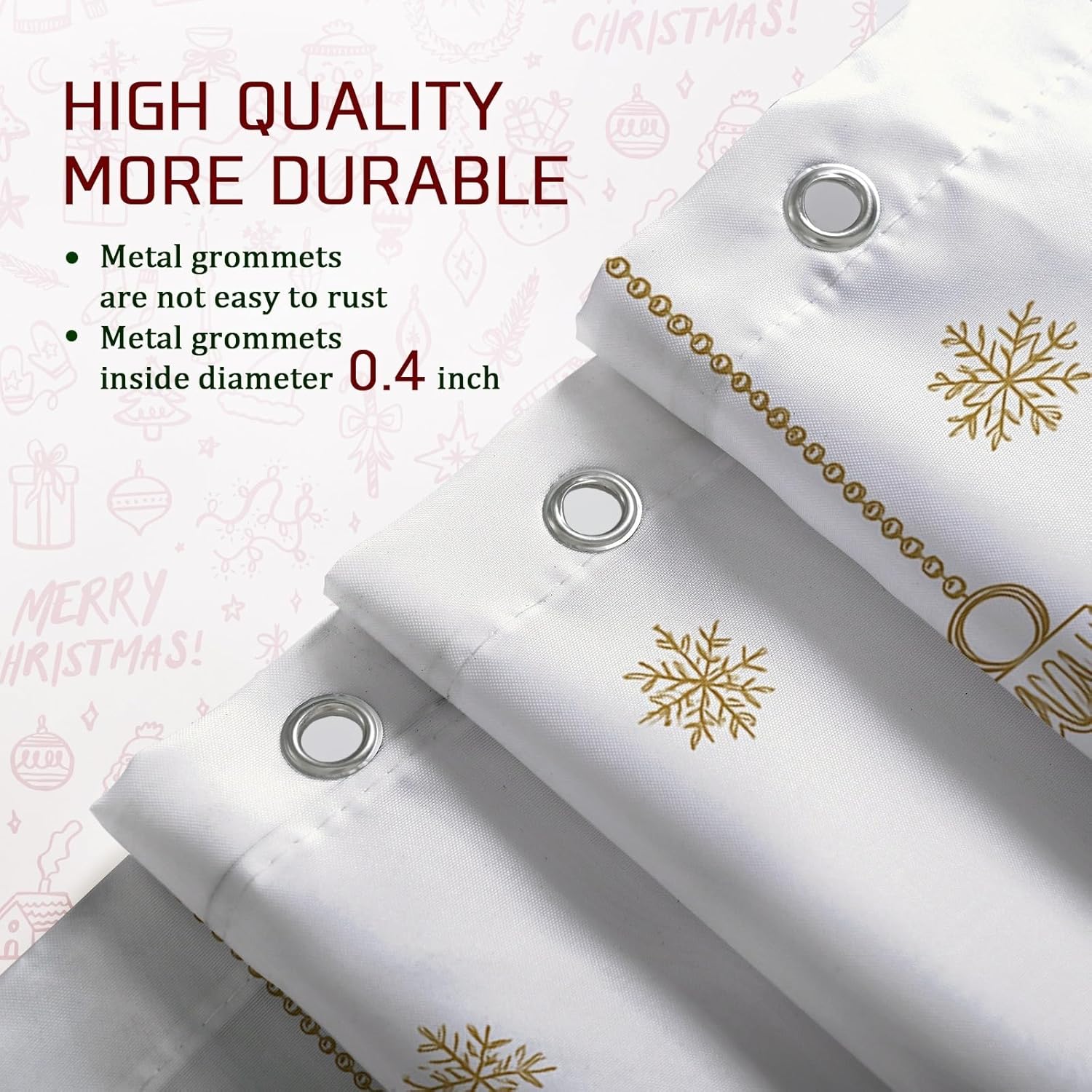 4Pcs Christmas Shower Curtain Set, White Gold Ornament Bath Mat Rugs Accessories for Holiday Bathroom Decor, Festive Waterproof Fabric Shower Curtain Set with Hooks 72x72 Inch