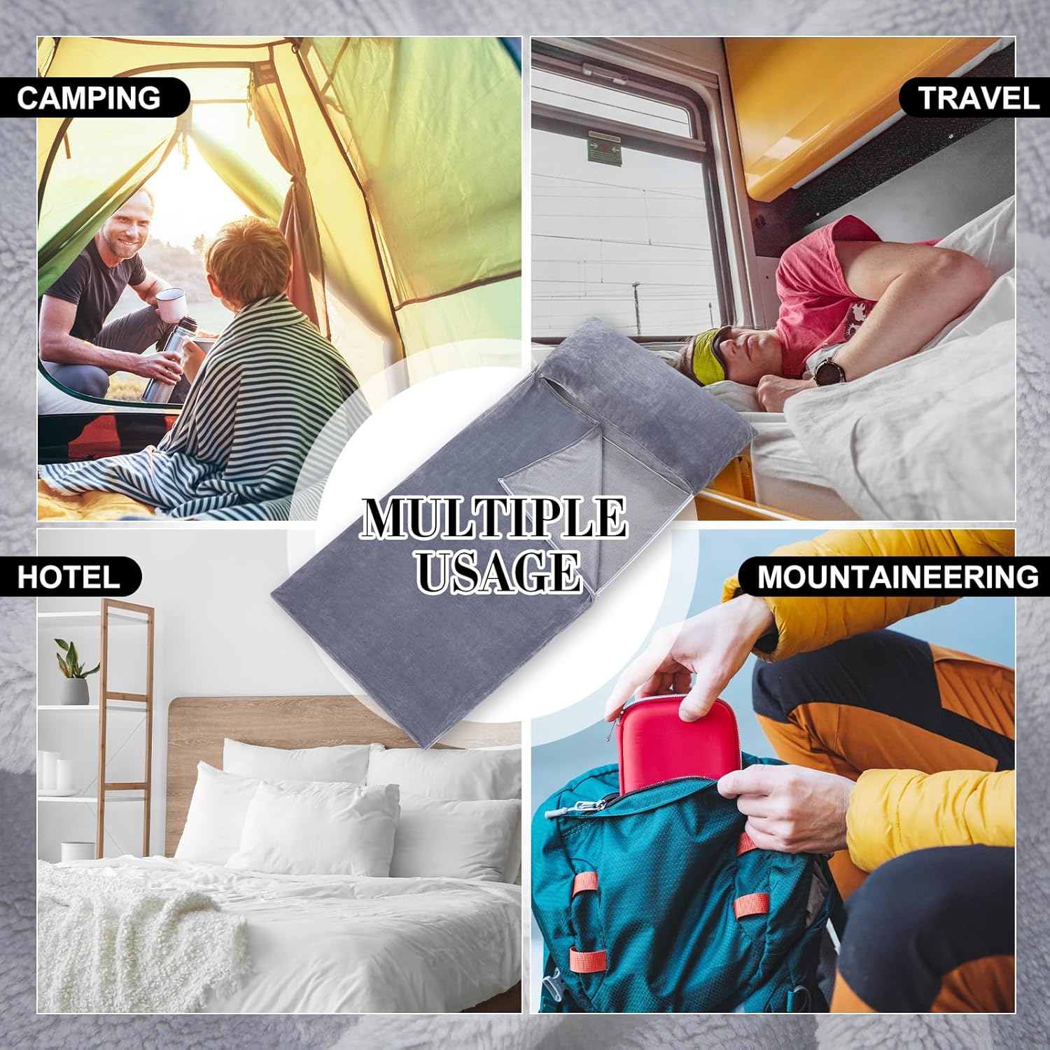 2 Pcs Sleeping Bag Liner for Adult, 86 x 41 Inch Grey Flannel Fluffy Sheet & Camping Sheet for Autumn Winter Warm Thick Sheets for Backpacking, Hotel, Traveling, Sleeping Bag with Zipper