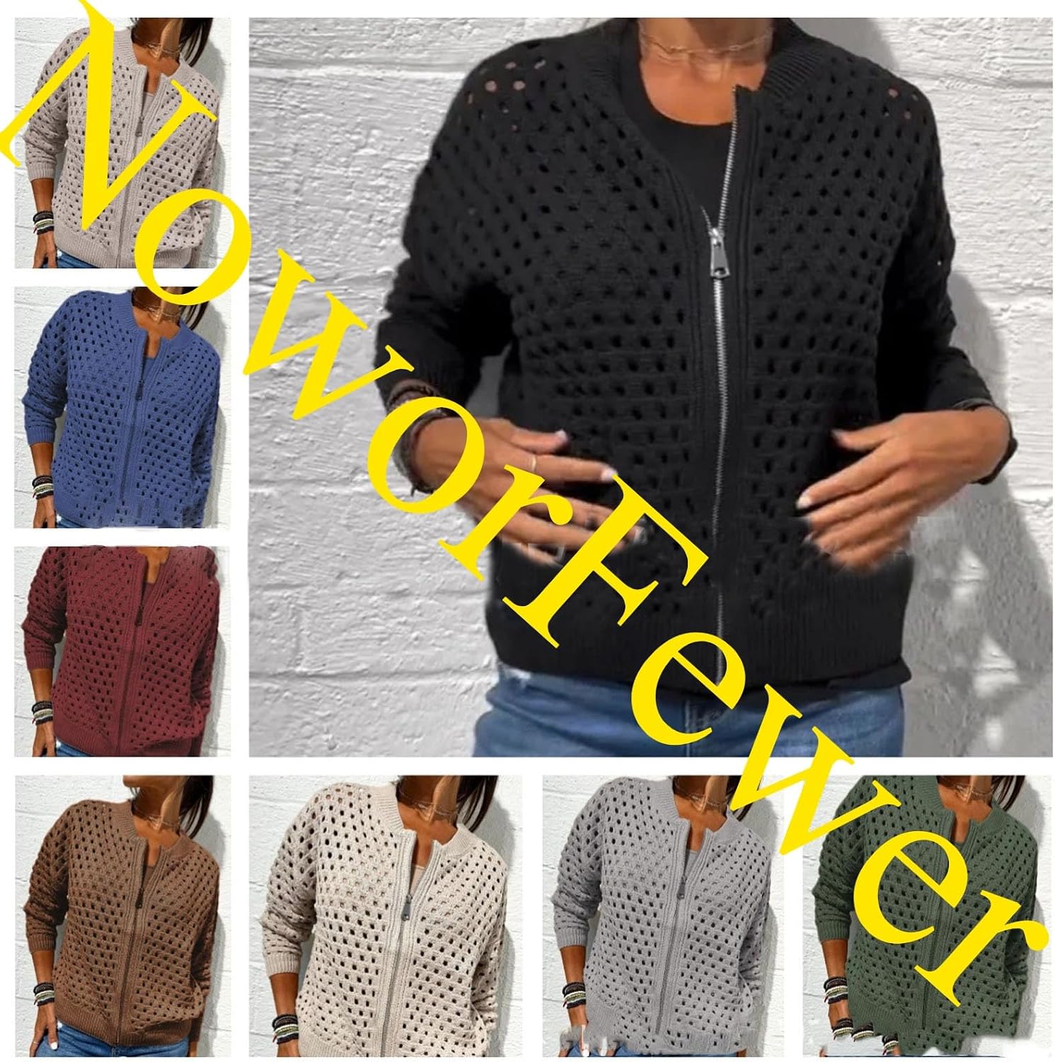 Women's Casual Hollow Knitwear Zipper Jacket,Crochet Jackets for Women Open Front Long Sleeve Cardigan Sweater