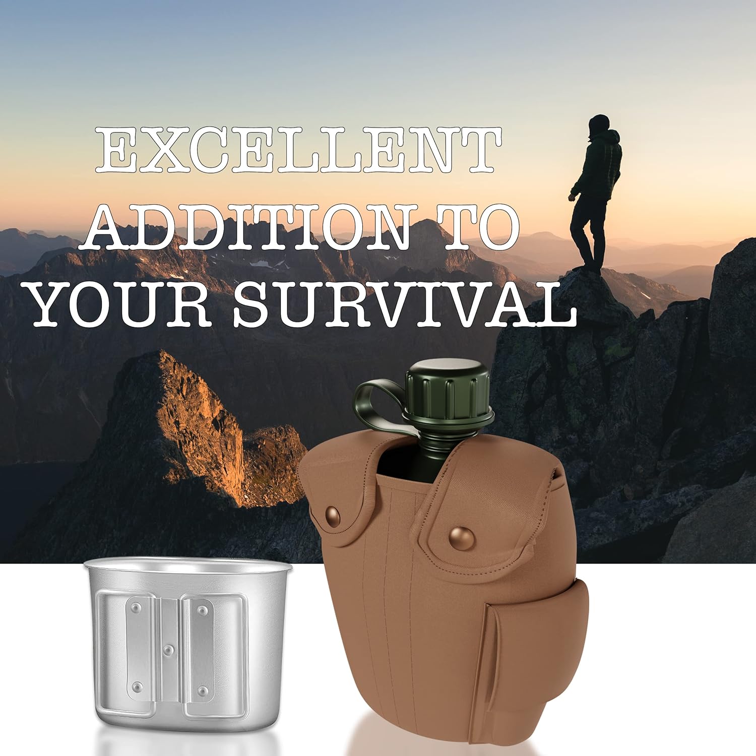 BaHoki Essentials Aluminum Canteen with Cover and Cup - Military Style Water Bottle Kit - for Outdoor Camping, Backpacking, Hiking (Tan) : Sports & Outdoors