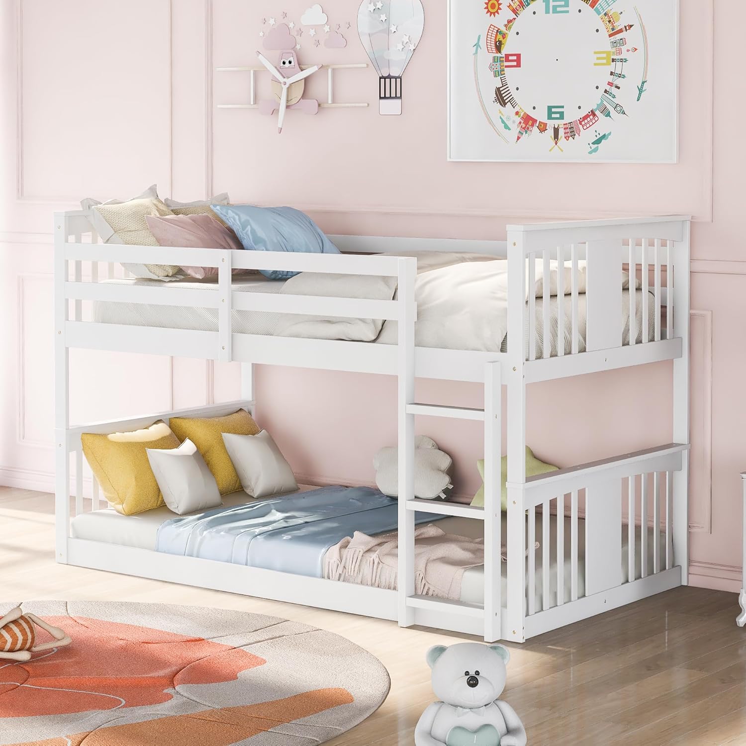 Twin Over Twin Low Bunk Bed with Ladder, Solid Wood Bunk