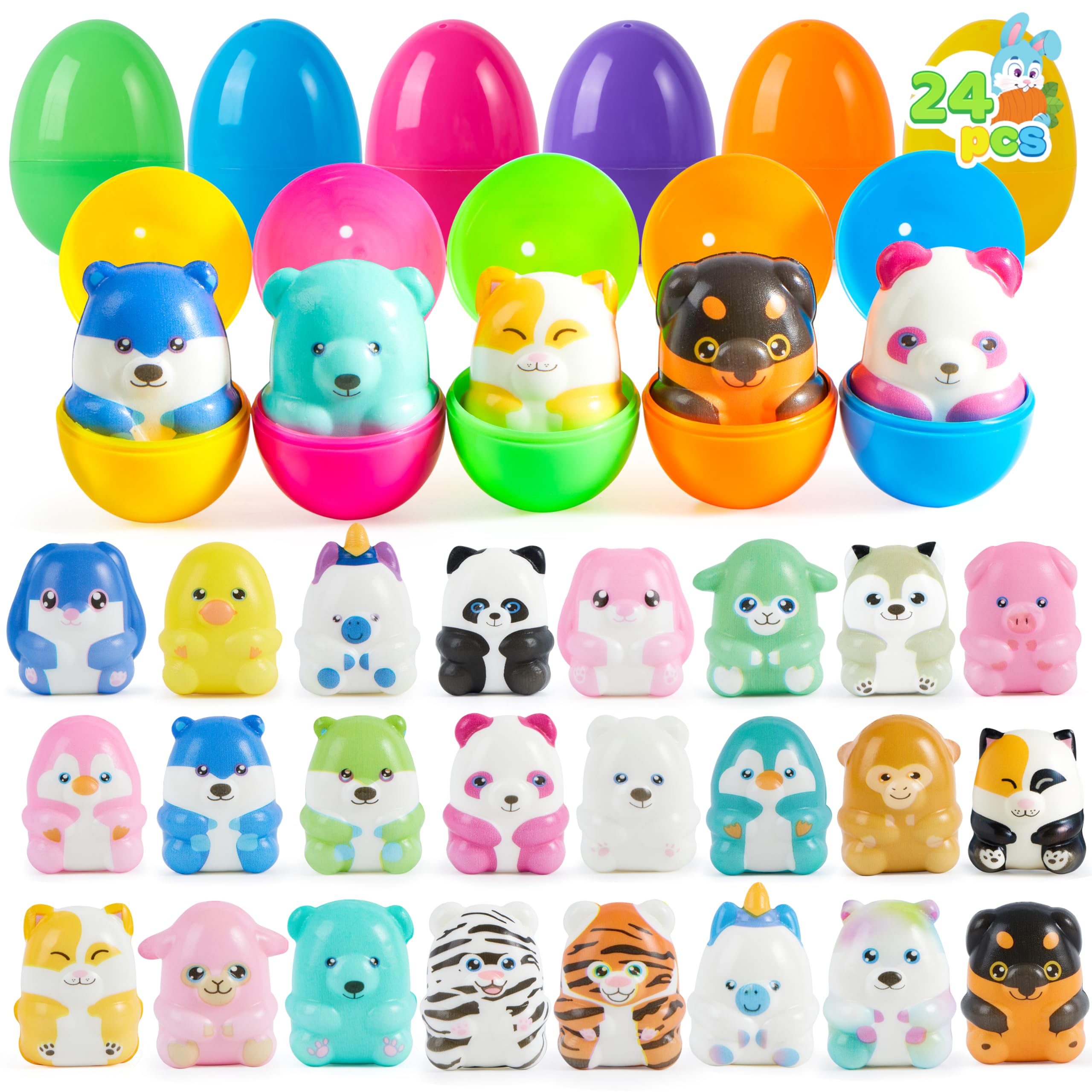 JOYIN 24 Pcs Prefilled Easter Eggs with Animals Squishy Toys, Cute Squeeze Toy Fillers for Easter Egg Hunt, Basket Stuffers, Filling Treats, Classroom Prize, Kids Party Favor
