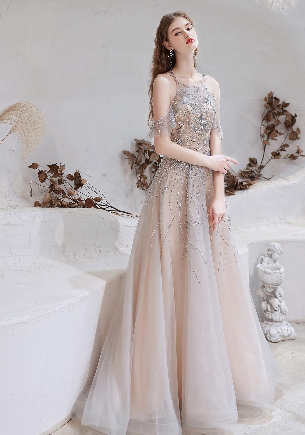 Women's Beaded Sequins A-Line Lace-up Tulle Evening Dress