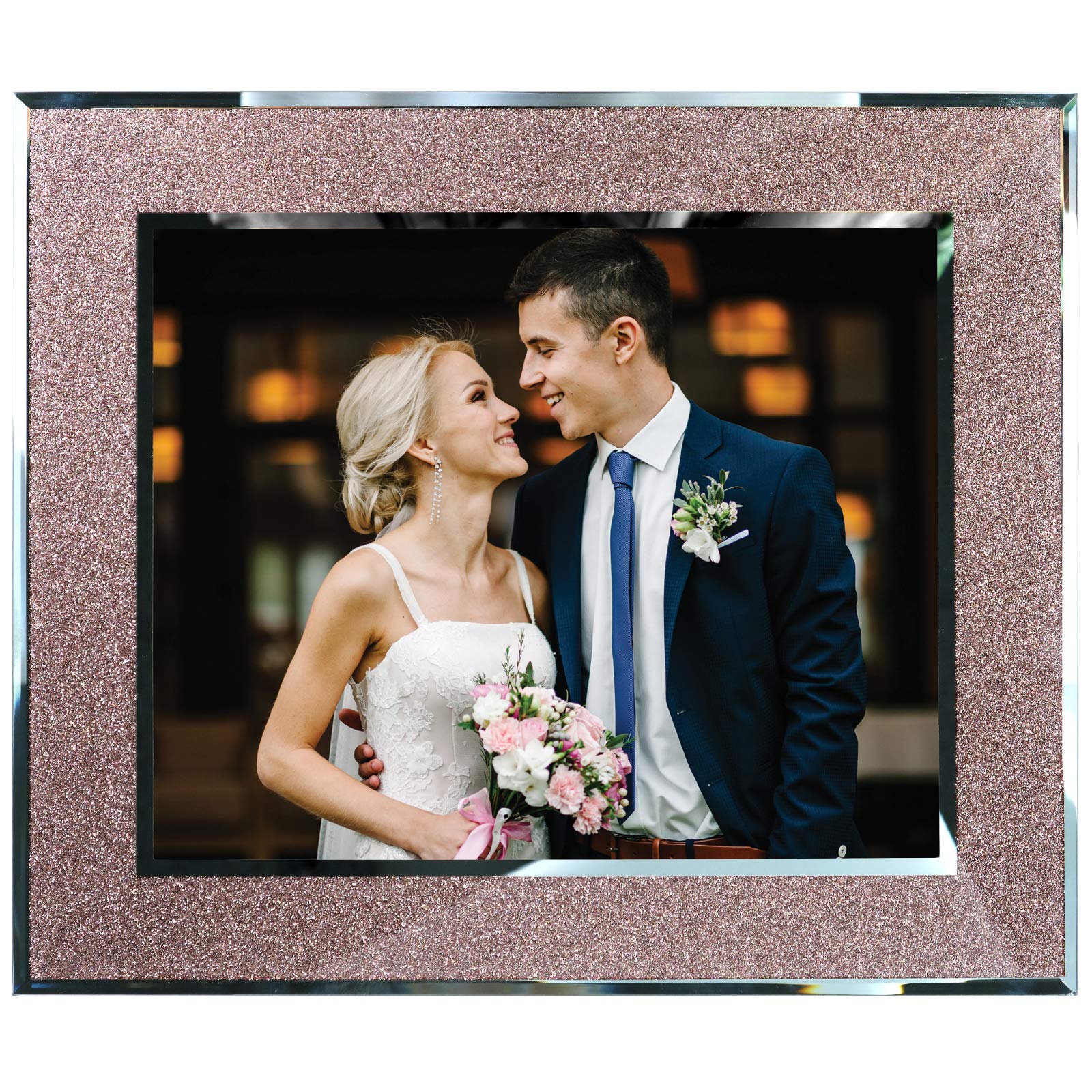 EXCELLO GLOBAL PRODUCTS Decorative Picture Frame 8"x10" Photo Holder with Shimmering Rose Gold Glitter Border. Use Standing with Included Easel or Ready to Hang.