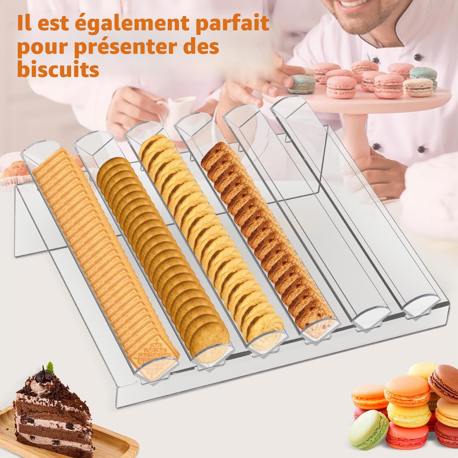 BAOSHISHAN Présentoir à macarons Plateau à macarons en acrylique avec 6 fentes Plateau à biscuits transparent pour fête, mariage, boulangerie, pâtisserie, boutique de desserts