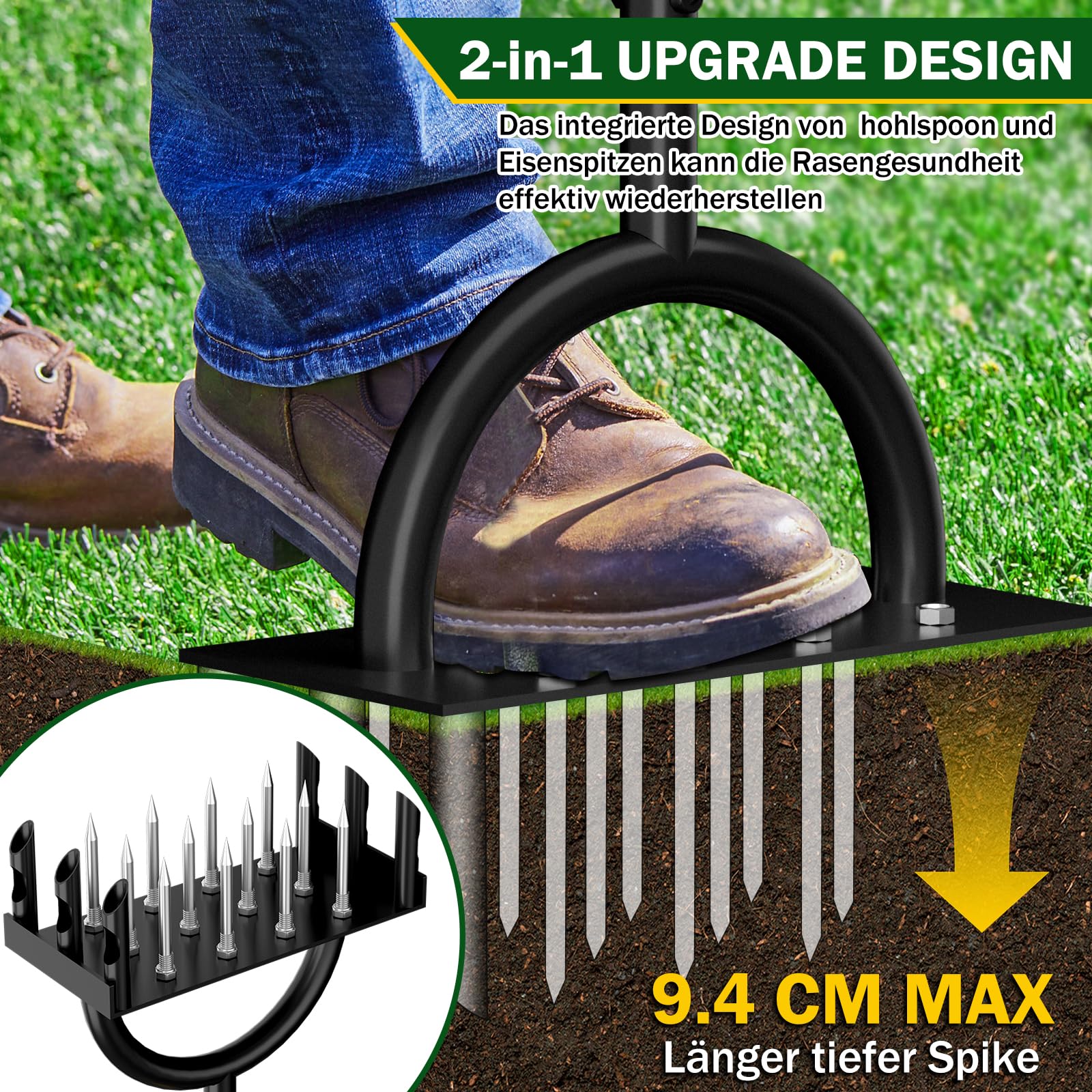 2-in-1 Rasenlüfter,Aerifizierer für Rasen Hohlspoon mit 18 Spikes