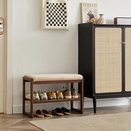 Miniatura 2 de Banco de zapatos de madera, banco de almacenamiento de 2 niveles con asiento acolchado acolchado, banco de entrada con almacenamiento de zapatos,