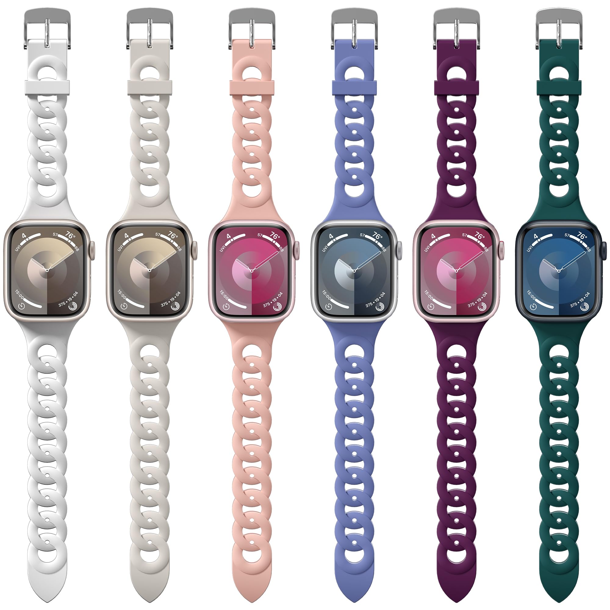 Suoman 6-Pack Silicone Band for Apple Watch Band 38mm 41mm 40mm,Women Men Soft Silicone Chain Type With Replacement Sport Strap Band for iWatch Series 9/8/7/6/5/4/SE/SE 2