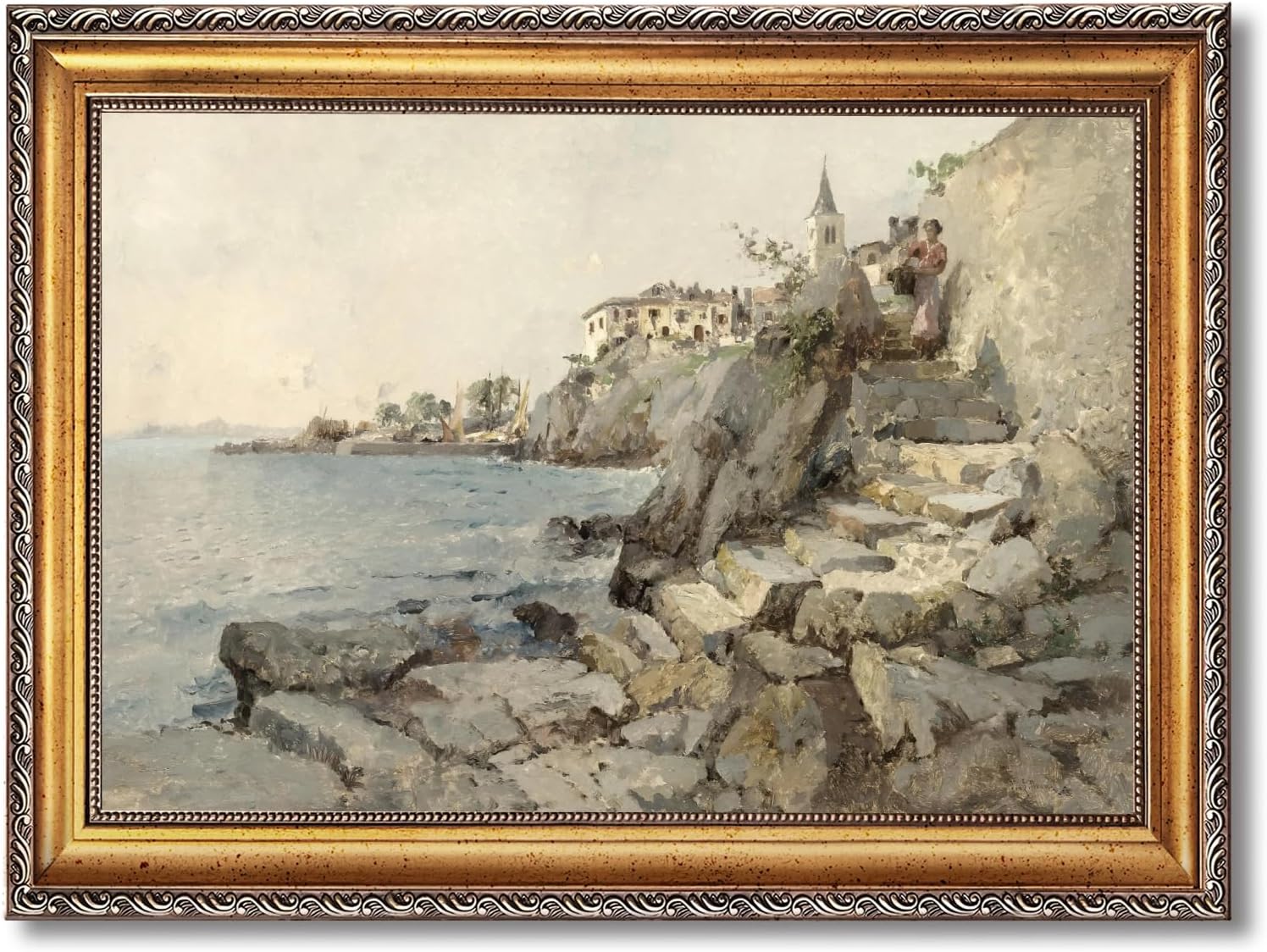 Large Gold Framed Coastal Cliff Village Landscape Canvas Wall Art Romantic Cliffside Seaside Oil Painting Poster Mediterranean Rocky Scenery Artwork Print for Vacation Home Bedroom Decor 24x36inch