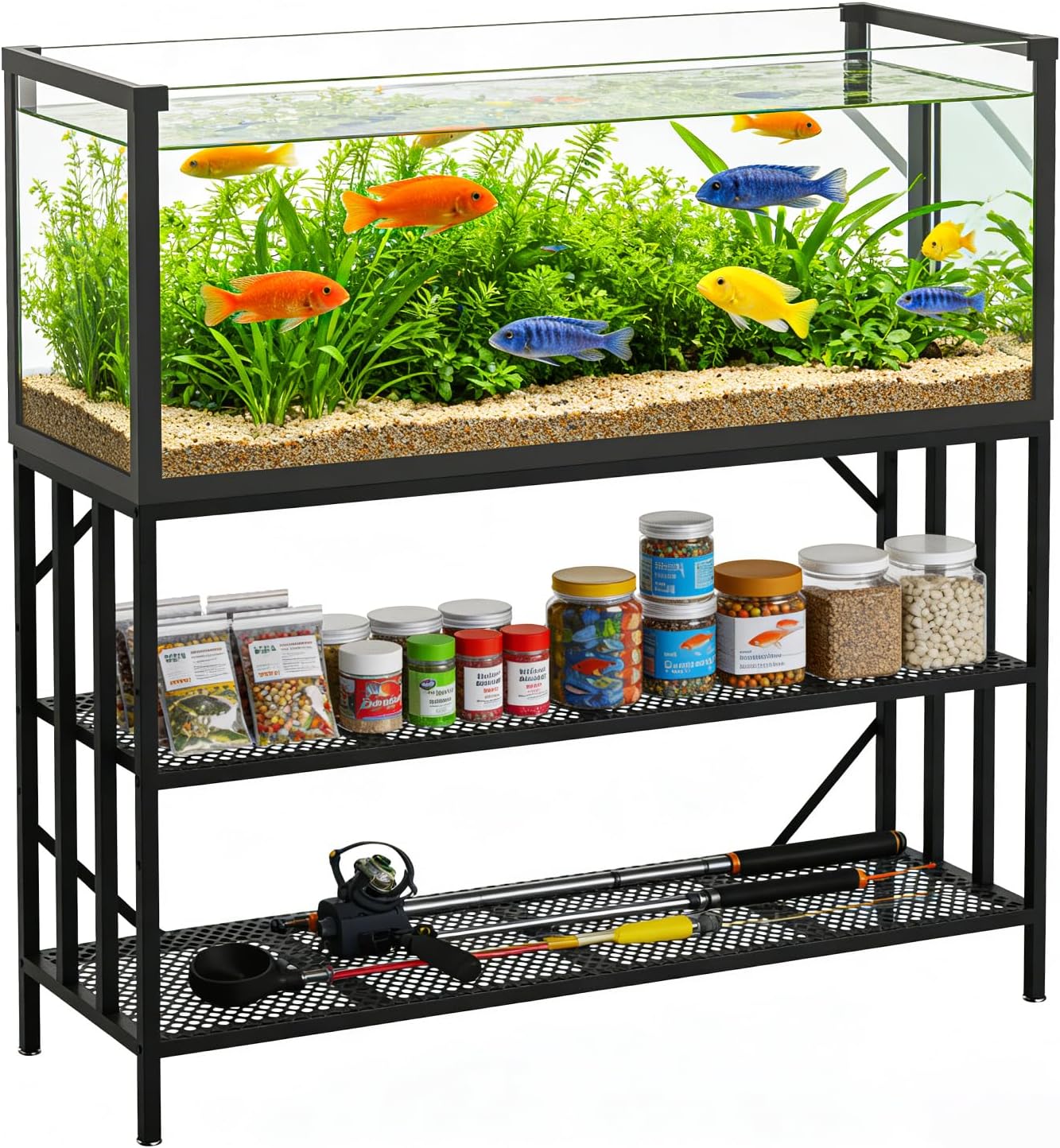 55-75 Gallon Fish Tank Stand, Heavy Duty Metal Aquarium Stand, 3-Tier Adjustable Storage Shelf for Home and Office, 1000LBS Capacity, Black (Tank not Included), 49.6''L×15''W×30''H