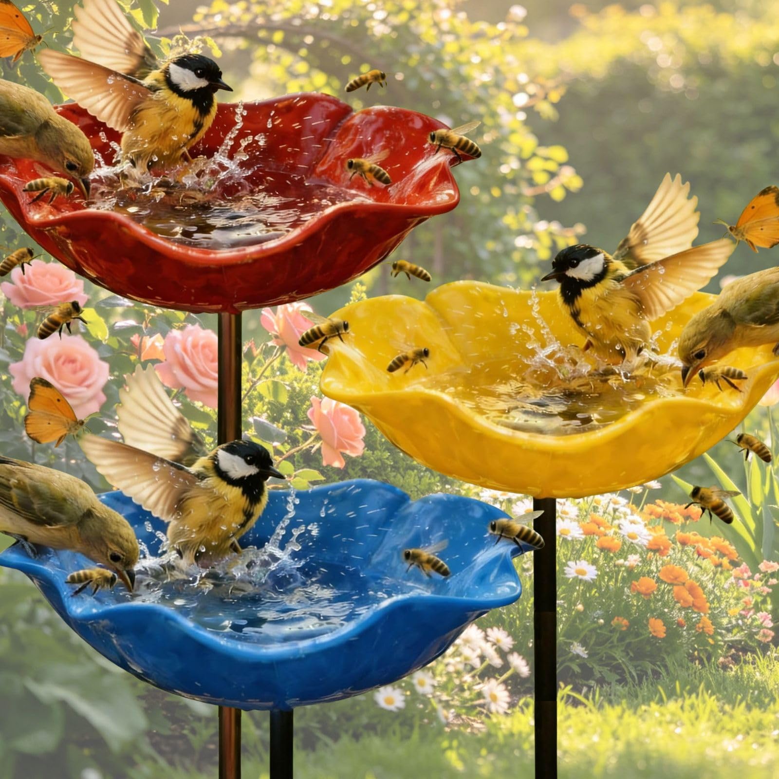 Qosigote Handmade Metal Flower Garden Stake, 2026 New Metal Flowers For Garden, Bee Watering Station, Provides A Safe Drinking Spot For Bees,Bird And Butterflies (MIX, 3PCS)