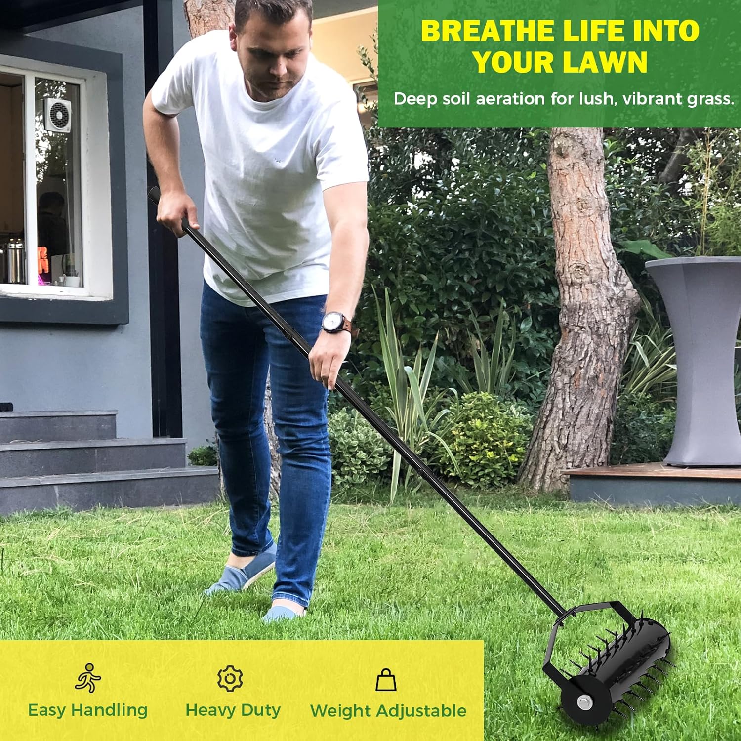Manual Roller Aerator Lawn Tool, Heavy Duty Lawn Aerator with 58-inch Handle, Easy-to-Assemble Lawn Aerator Tool for Compact Soil, Durable Spike Lawn Aerator for Yard & Garden