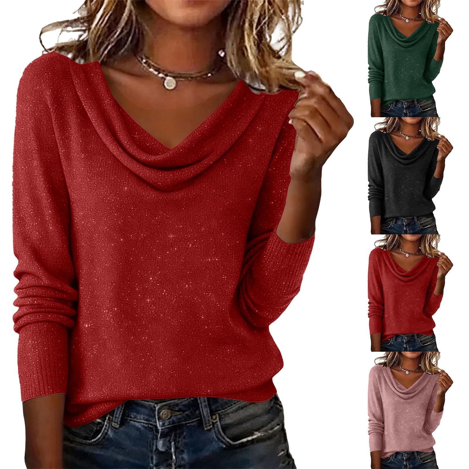 Cozy Sparkly Sweaters for Women Dressy Cowl Neck Knitted Sequin Tops Holiday Party Elegant Glitter Pullover Tops